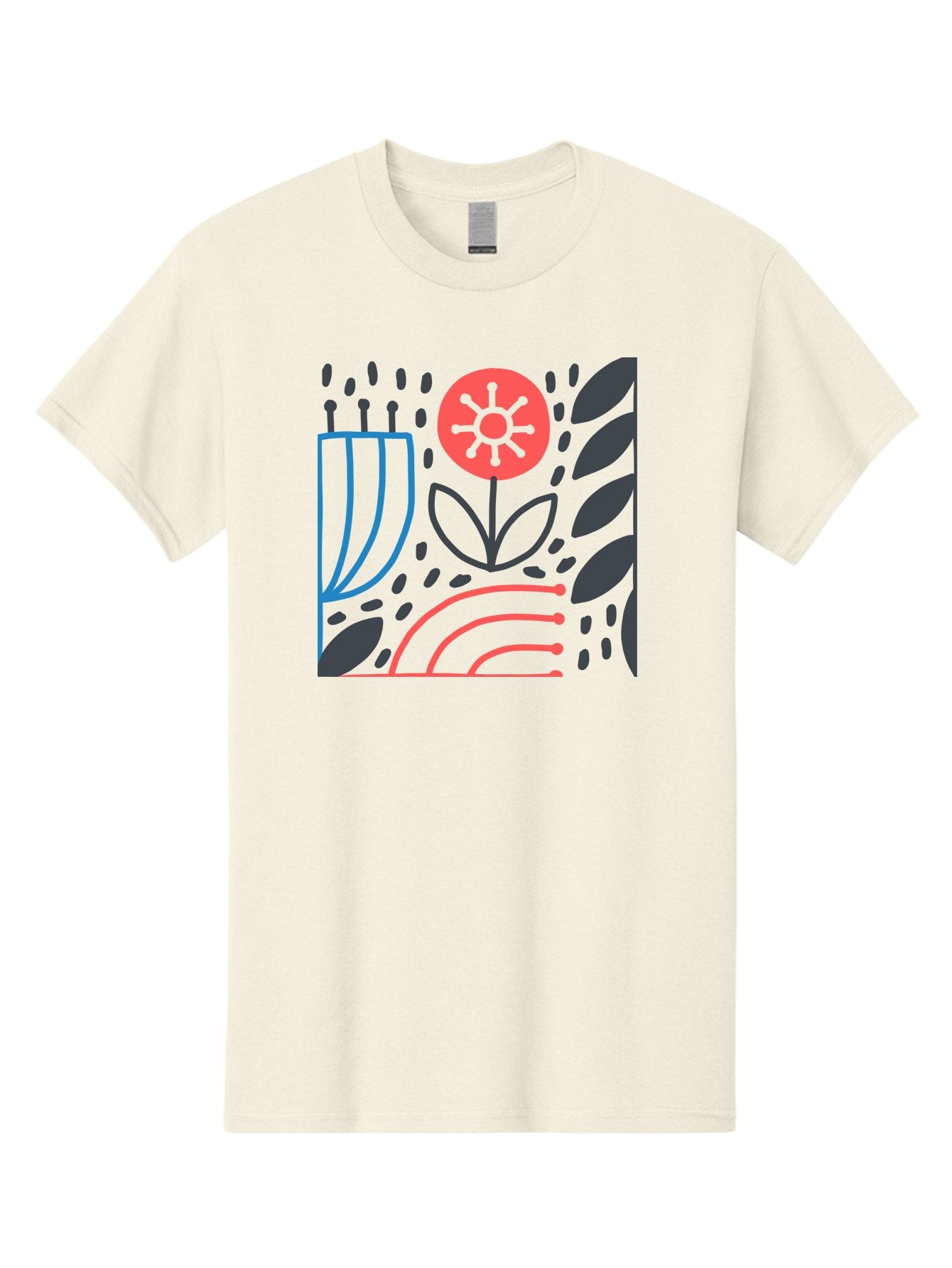 Stylized-Flower-And-Leaves Men'S Graphic Tee, 100% Cotton, Comfortable Casual Summer Wear, Machine Washable, Menorah With Candles, Flower Blooming, Abstract Shapes, Red And Blue Lines, Black Leaves, White Background, Symbolic Artwork, Judaism, Aab795 9