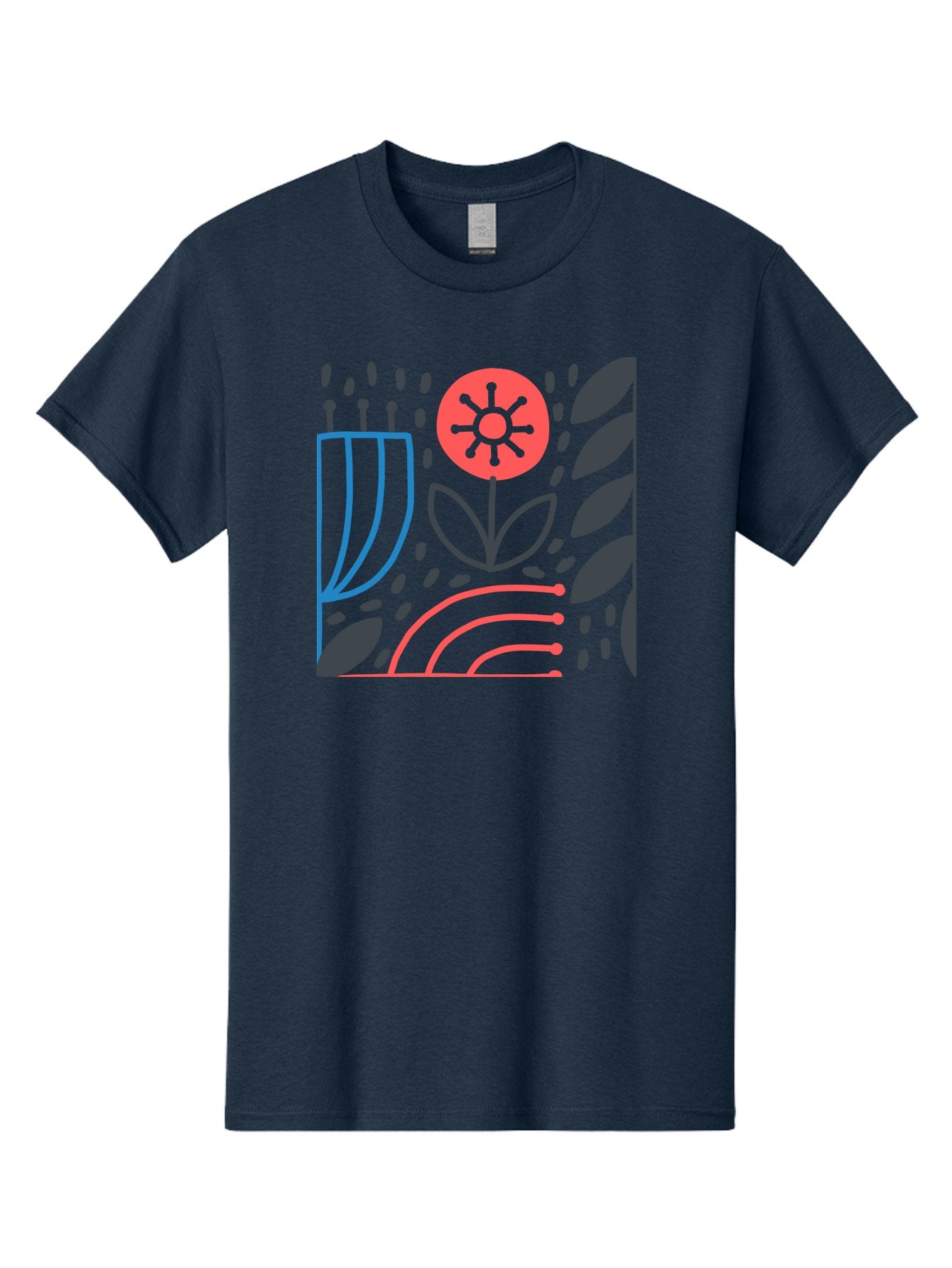 Stylized-Flower-And-Leaves Men'S Graphic Tee, 100% Cotton, Comfortable Casual Summer Wear, Machine Washable, Menorah With Candles, Flower Blooming, Abstract Shapes, Red And Blue Lines, Black Leaves, White Background, Symbolic Artwork, Judaism, Aab795 11