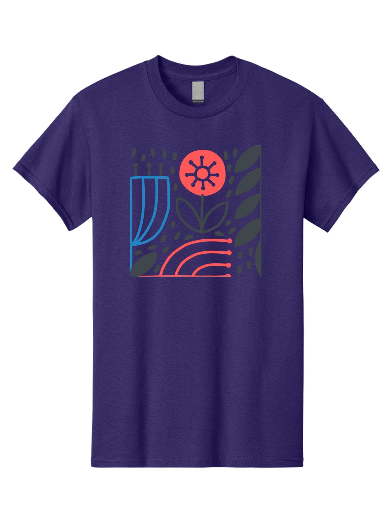 Stylized-Flower-And-Leaves Men'S Graphic Tee, 100% Cotton, Comfortable Casual Summer Wear, Machine Washable, Menorah With Candles, Flower Blooming, Abstract Shapes, Red And Blue Lines, Black Leaves, White Background, Symbolic Artwork, Judaism, Aab795 7