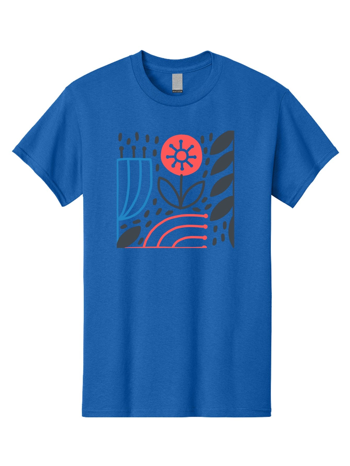 Stylized-Flower-And-Leaves Men'S Graphic Tee, 100% Cotton, Comfortable Casual Summer Wear, Machine Washable, Menorah With Candles, Flower Blooming, Abstract Shapes, Red And Blue Lines, Black Leaves, White Background, Symbolic Artwork, Judaism, Aab795 5