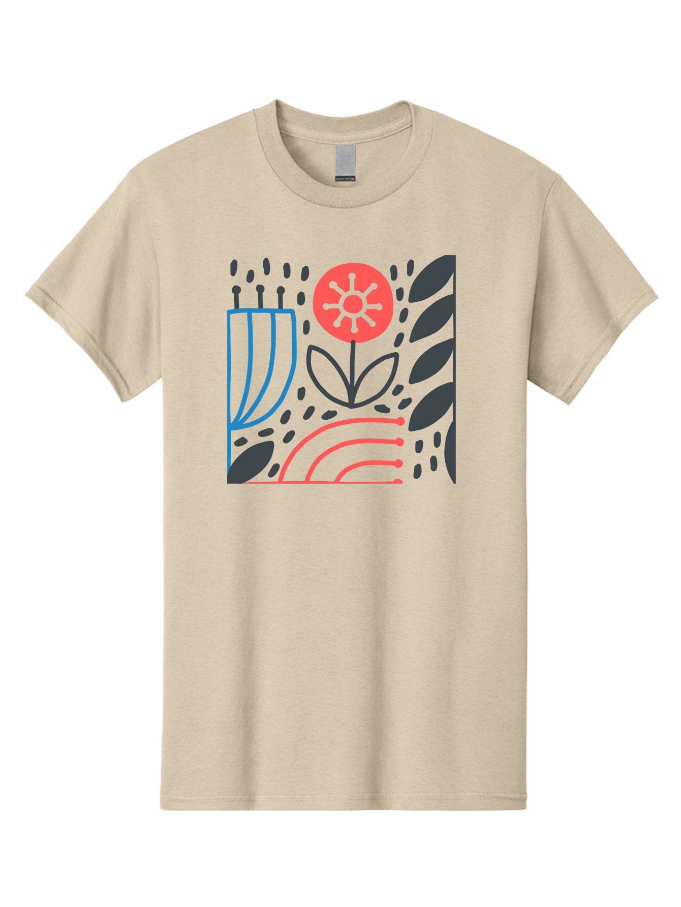 Stylized-Flower-And-Leaves Men'S Graphic Tee, 100% Cotton, Comfortable Casual Summer Wear, Machine Washable, Menorah With Candles, Flower Blooming, Abstract Shapes, Red And Blue Lines, Black Leaves, White Background, Symbolic Artwork, Judaism, Aab795
