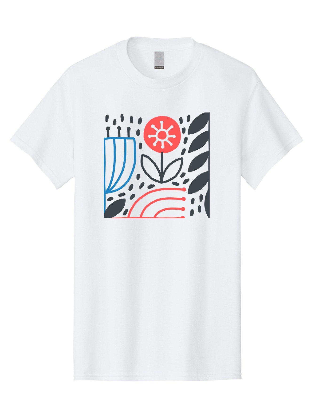 Stylized-Flower-And-Leaves Men'S Graphic Tee, 100% Cotton, Comfortable Casual Summer Wear, Machine Washable, Menorah With Candles, Flower Blooming, Abstract Shapes, Red And Blue Lines, Black Leaves, White Background, Symbolic Artwork, Judaism, Aab795 13