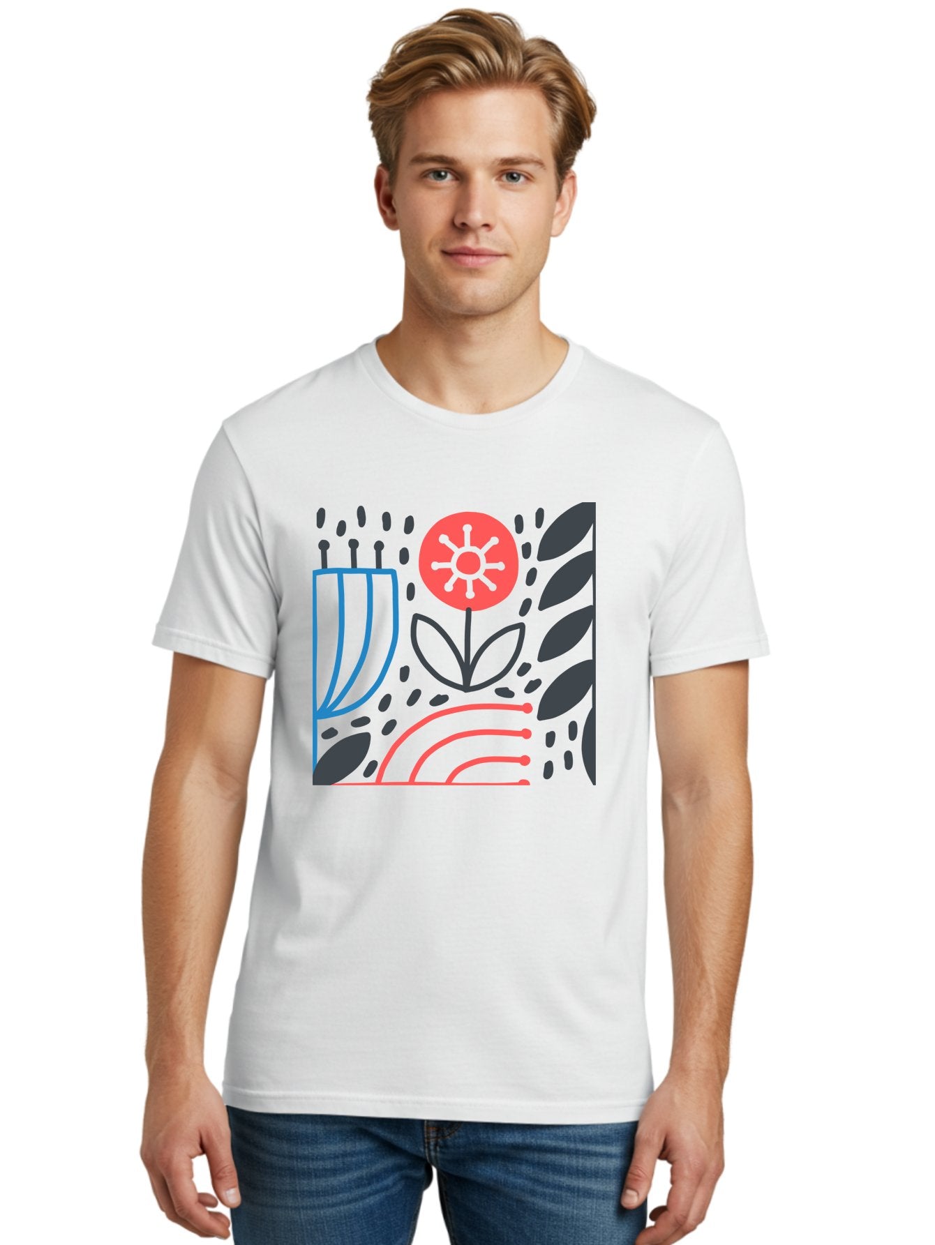 Stylized-Flower-And-Leaves Men'S Graphic Tee, 100% Cotton, Comfortable Casual Summer Wear, Machine Washable, Menorah With Candles, Flower Blooming, Abstract Shapes, Red And Blue Lines, Black Leaves, White Background, Symbolic Artwork, Judaism, Aab795 20