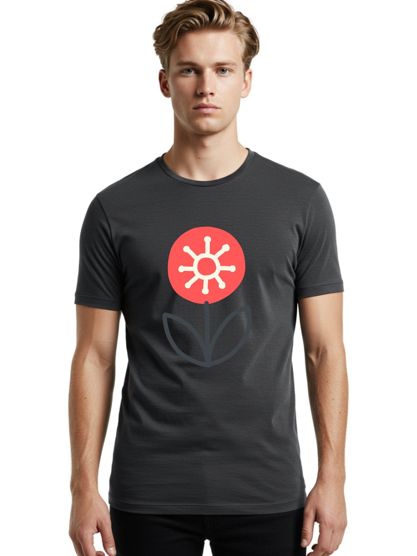 Sunflower-Icon Men'S Graphic Tee, 100% Cotton, Comfortable Casual Summer Wear, Machine Washable, Stylized Sunflower, Simple Flower Design, Abstract Sun Symbol, Red And White Colors, Minimalist Logo, Floral Icon, Modern Graphic Aab797 21