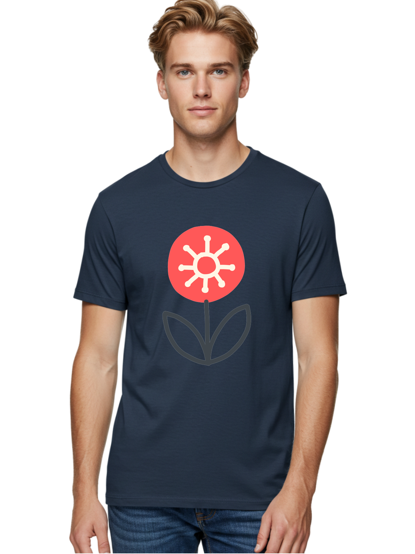 Sunflower-Icon Men'S Graphic Tee, 100% Cotton, Comfortable Casual Summer Wear, Machine Washable, Stylized Sunflower, Simple Flower Design, Abstract Sun Symbol, Red And White Colors, Minimalist Logo, Floral Icon, Modern Graphic Aab797 28