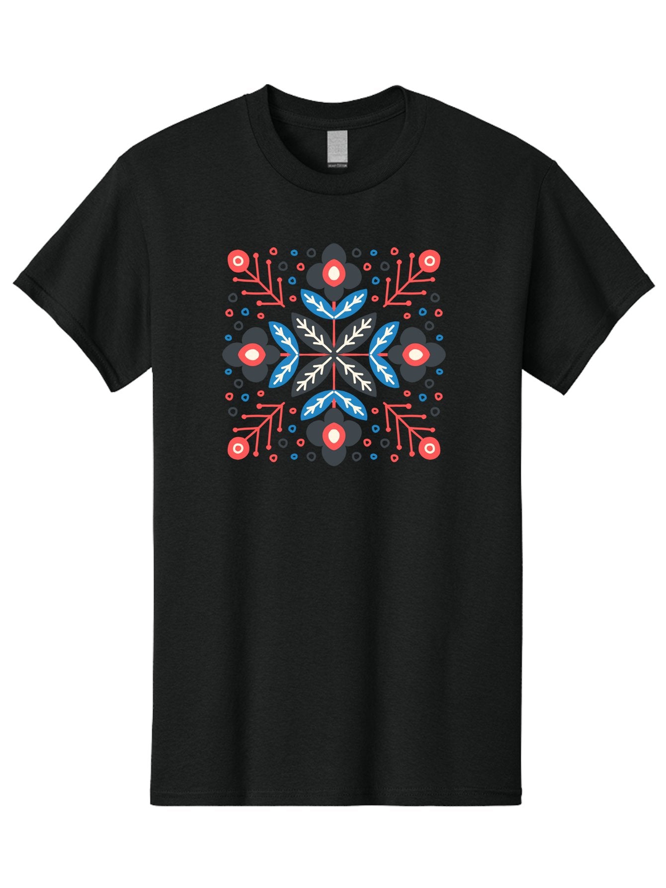 Symmetric-Floral-Pattern Men'S Graphic Tee, 100% Cotton, Comfortable Casual Summer Wear, Machine Washable, Floral Pattern, Geometric Shapes, Red Blue Black White, Abstract Design, Traditional Folk Art, Symmetry, Stylized Flowers, Aab798 15