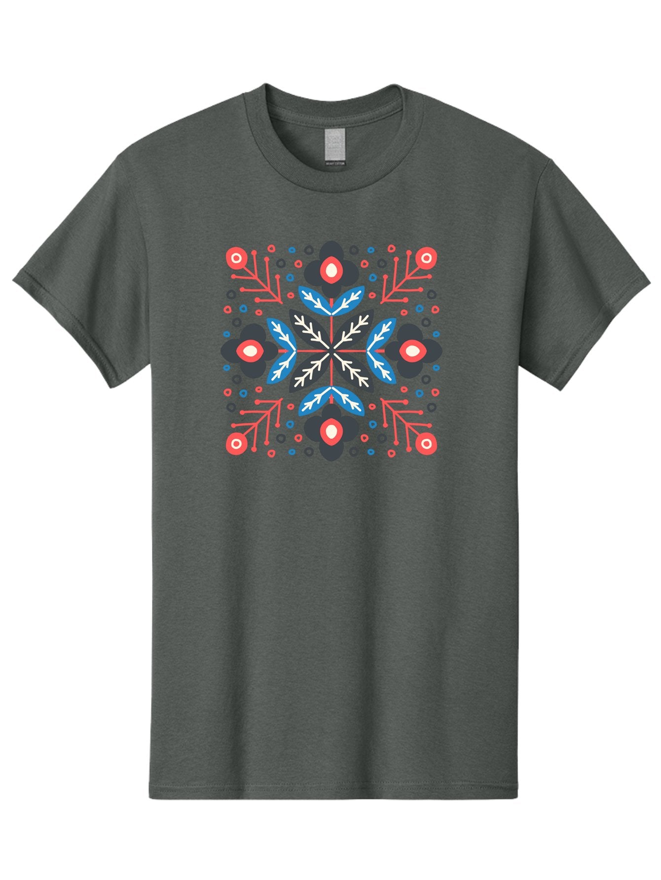 Symmetric-Floral-Pattern Men'S Graphic Tee, 100% Cotton, Comfortable Casual Summer Wear, Machine Washable, Floral Pattern, Geometric Shapes, Red Blue Black White, Abstract Design, Traditional Folk Art, Symmetry, Stylized Flowers, Aab798 5