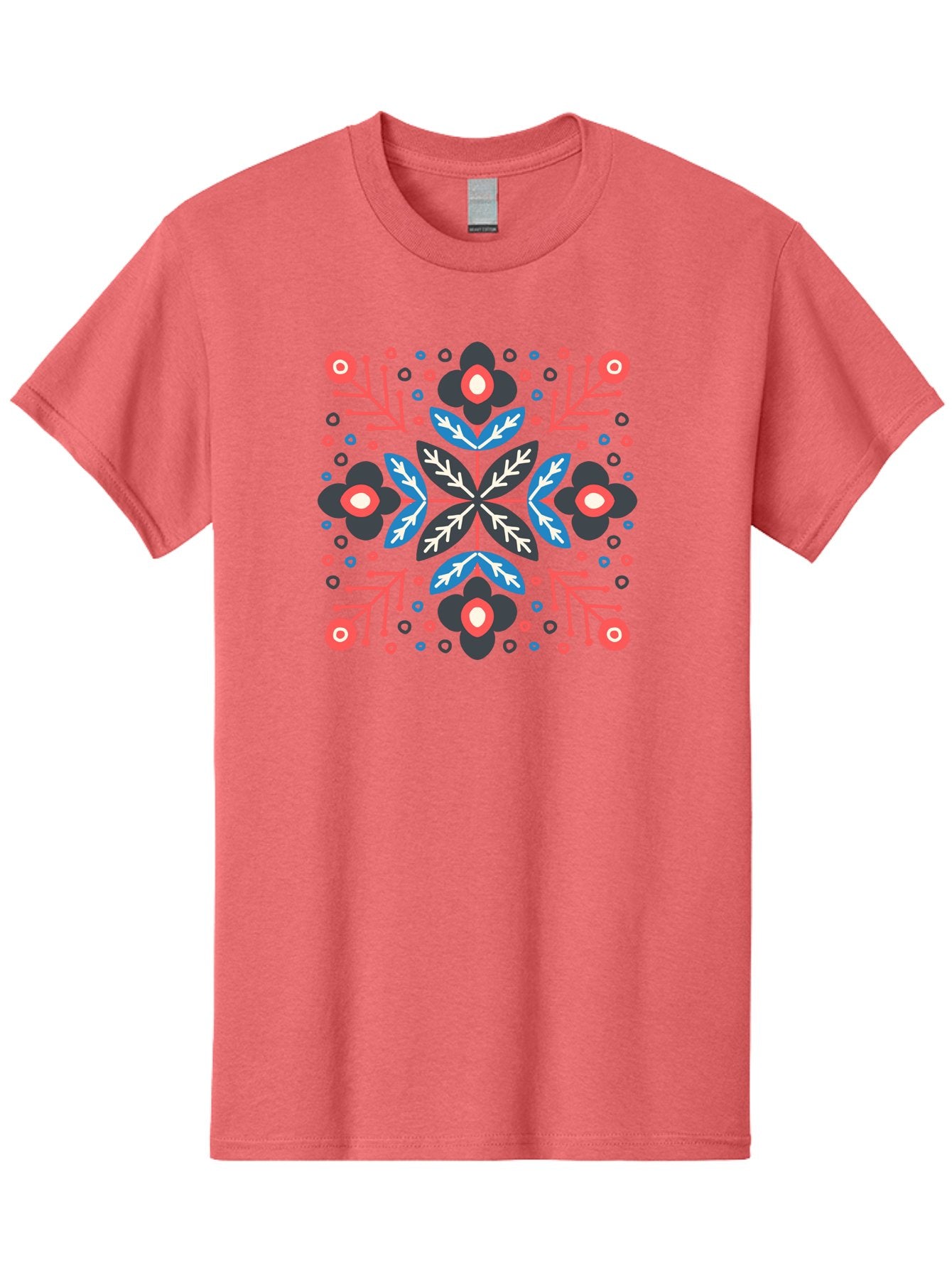 Symmetric-Floral-Pattern Men'S Graphic Tee, 100% Cotton, Comfortable Casual Summer Wear, Machine Washable, Floral Pattern, Geometric Shapes, Red Blue Black White, Abstract Design, Traditional Folk Art, Symmetry, Stylized Flowers, Aab798 13
