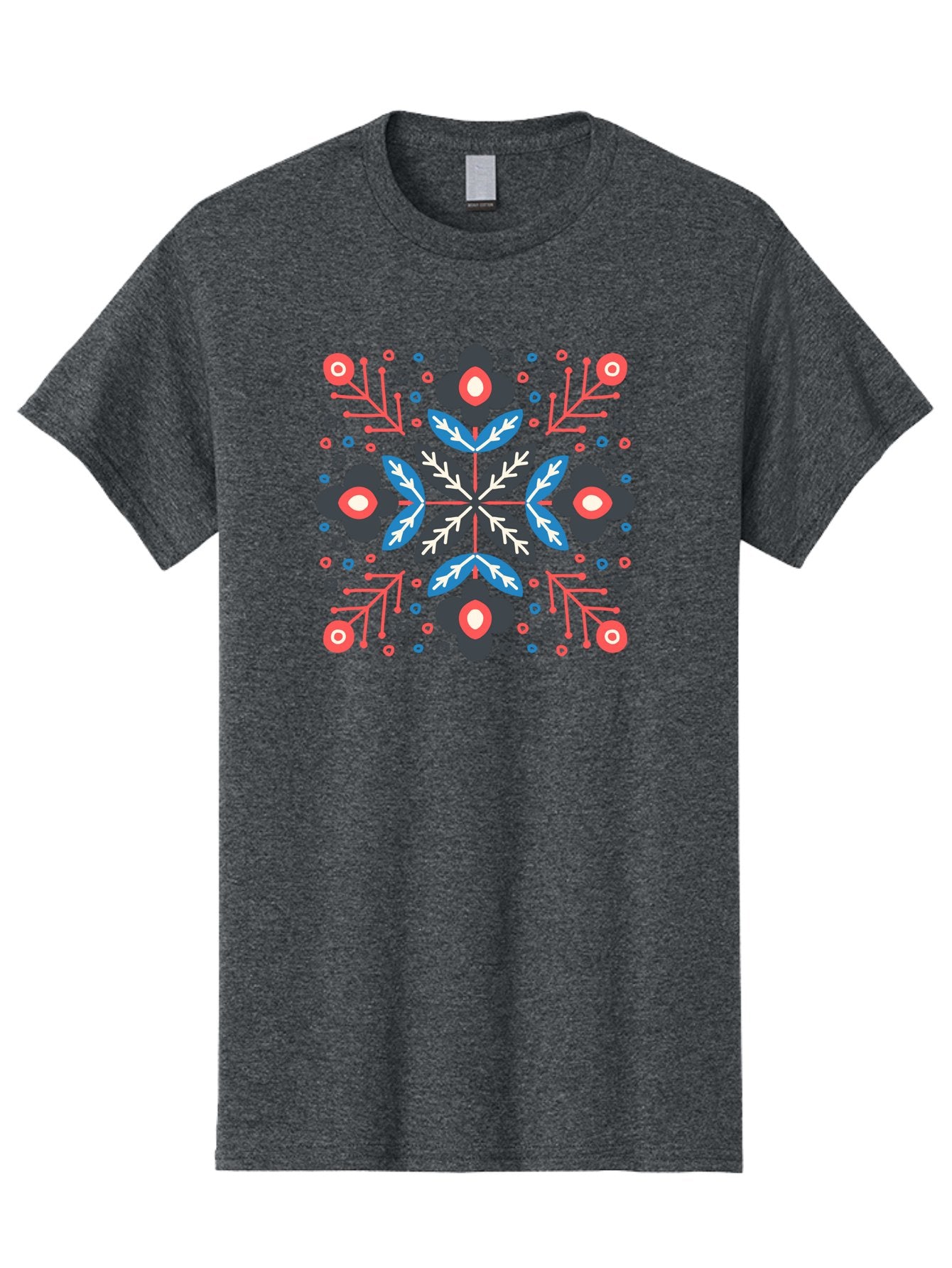 Symmetric-Floral-Pattern Men'S Graphic Tee, 100% Cotton, Comfortable Casual Summer Wear, Machine Washable, Floral Pattern, Geometric Shapes, Red Blue Black White, Abstract Design, Traditional Folk Art, Symmetry, Stylized Flowers, Aab798 7