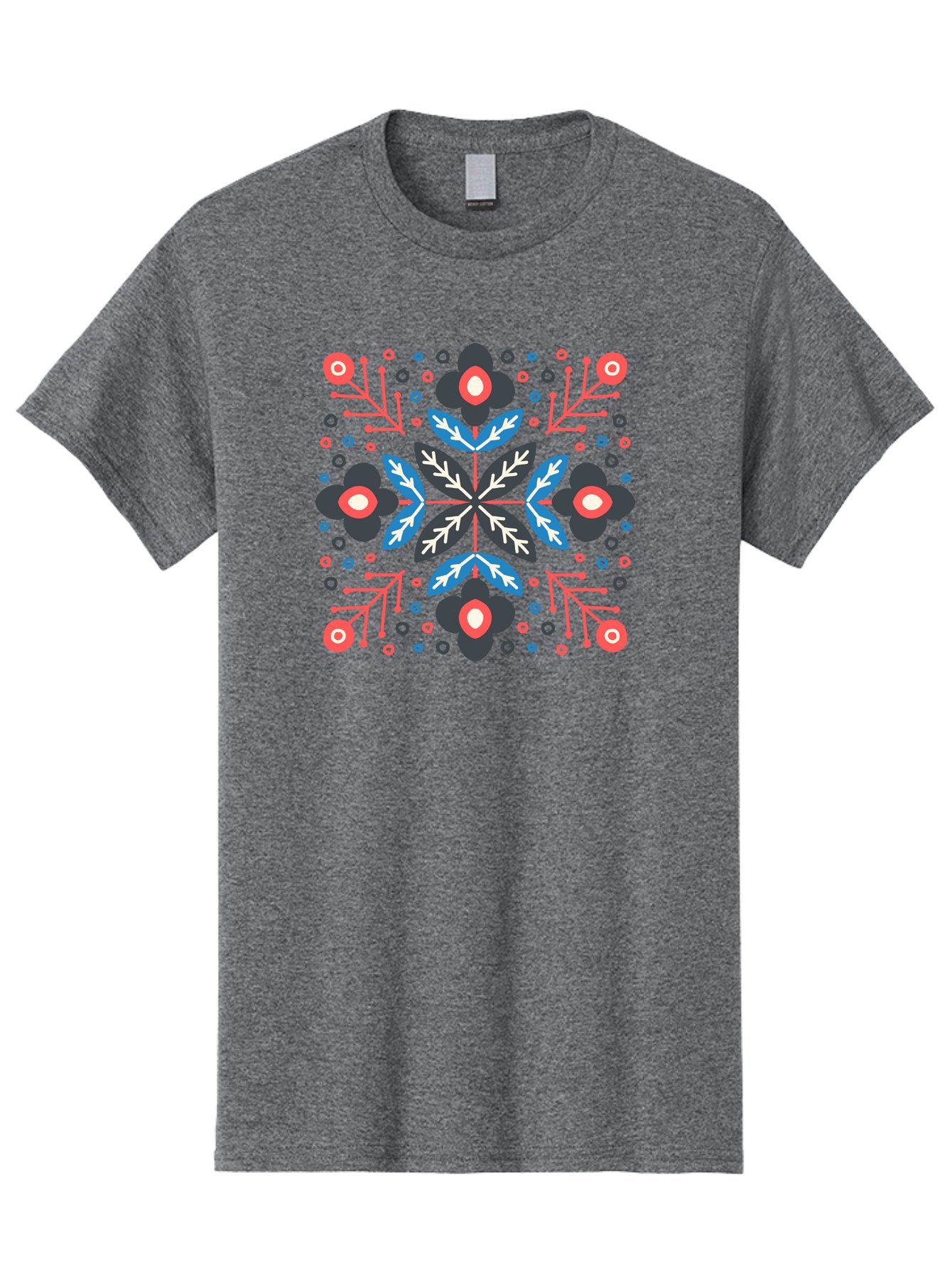 Symmetric-Floral-Pattern Men'S Graphic Tee, 100% Cotton, Comfortable Casual Summer Wear, Machine Washable, Floral Pattern, Geometric Shapes, Red Blue Black White, Abstract Design, Traditional Folk Art, Symmetry, Stylized Flowers, Aab798 4