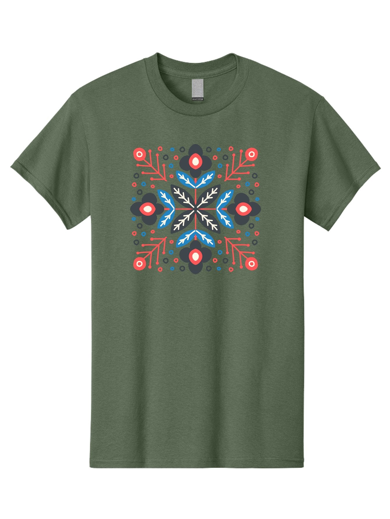 Symmetric-Floral-Pattern Men'S Graphic Tee, 100% Cotton, Comfortable Casual Summer Wear, Machine Washable, Floral Pattern, Geometric Shapes, Red Blue Black White, Abstract Design, Traditional Folk Art, Symmetry, Stylized Flowers, Aab798 12