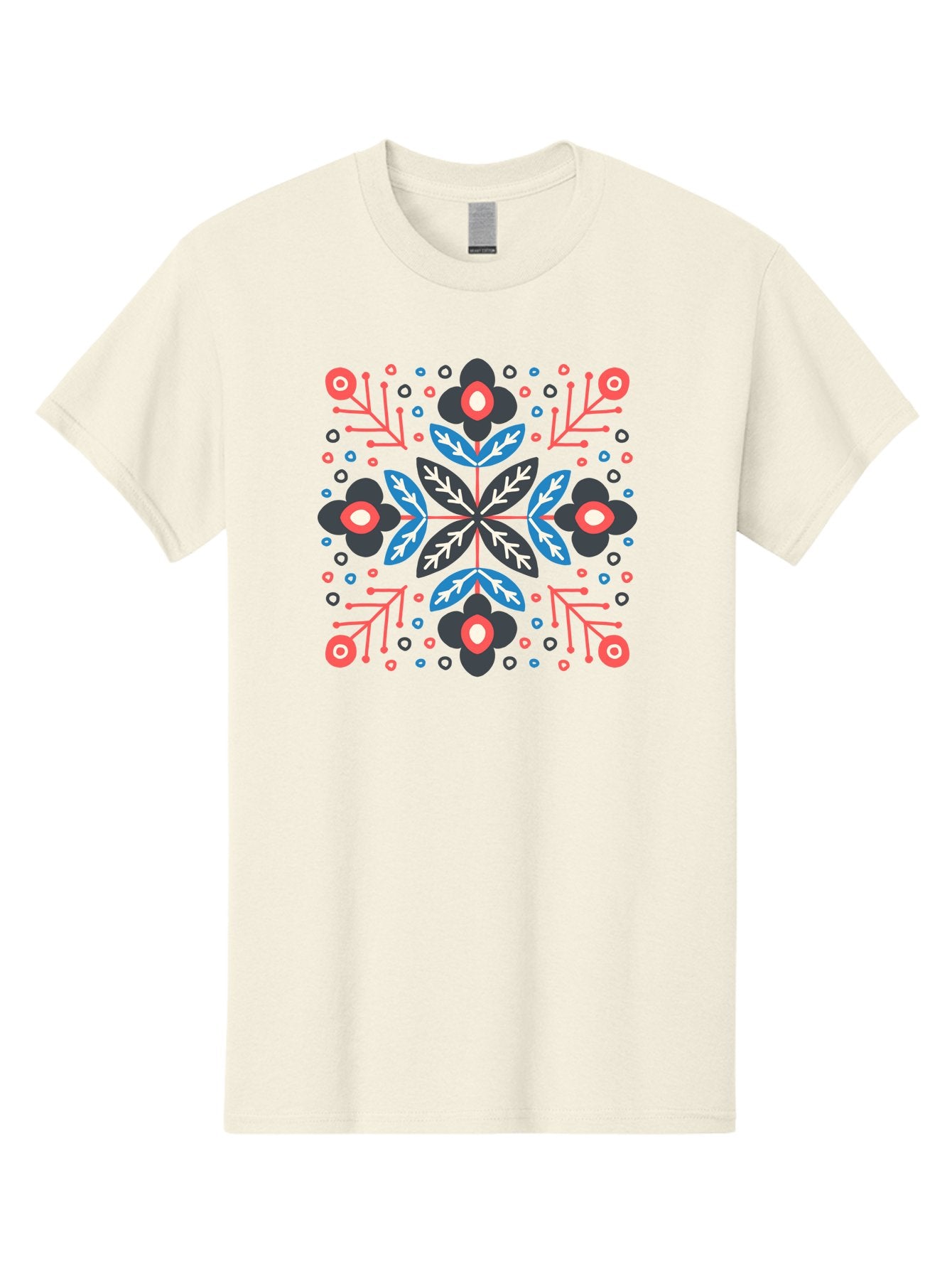 Symmetric-Floral-Pattern Men'S Graphic Tee, 100% Cotton, Comfortable Casual Summer Wear, Machine Washable, Floral Pattern, Geometric Shapes, Red Blue Black White, Abstract Design, Traditional Folk Art, Symmetry, Stylized Flowers, Aab798 8