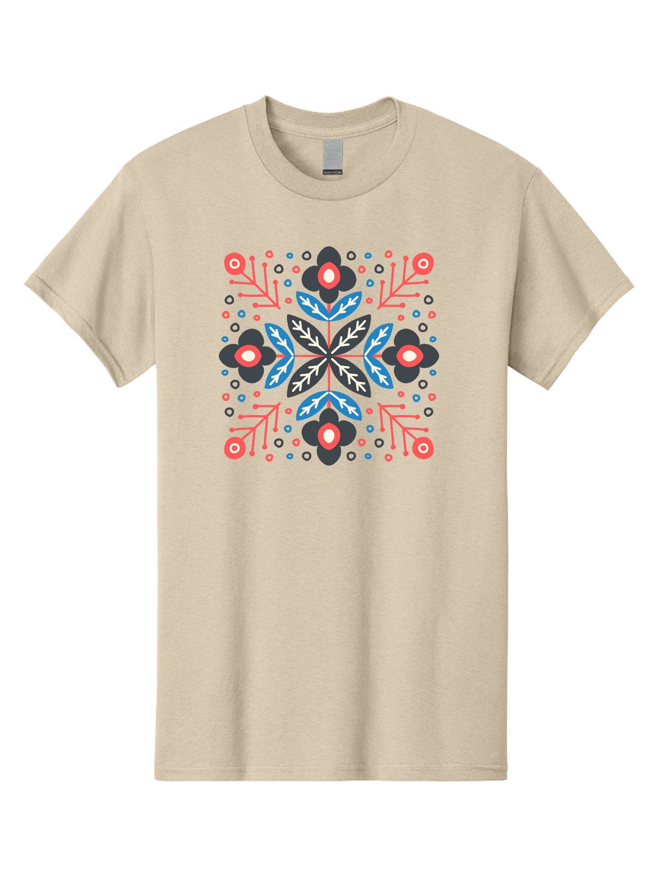Symmetric-Floral-Pattern Men'S Graphic Tee, 100% Cotton, Comfortable Casual Summer Wear, Machine Washable, Floral Pattern, Geometric Shapes, Red Blue Black White, Abstract Design, Traditional Folk Art, Symmetry, Stylized Flowers, Aab798 14