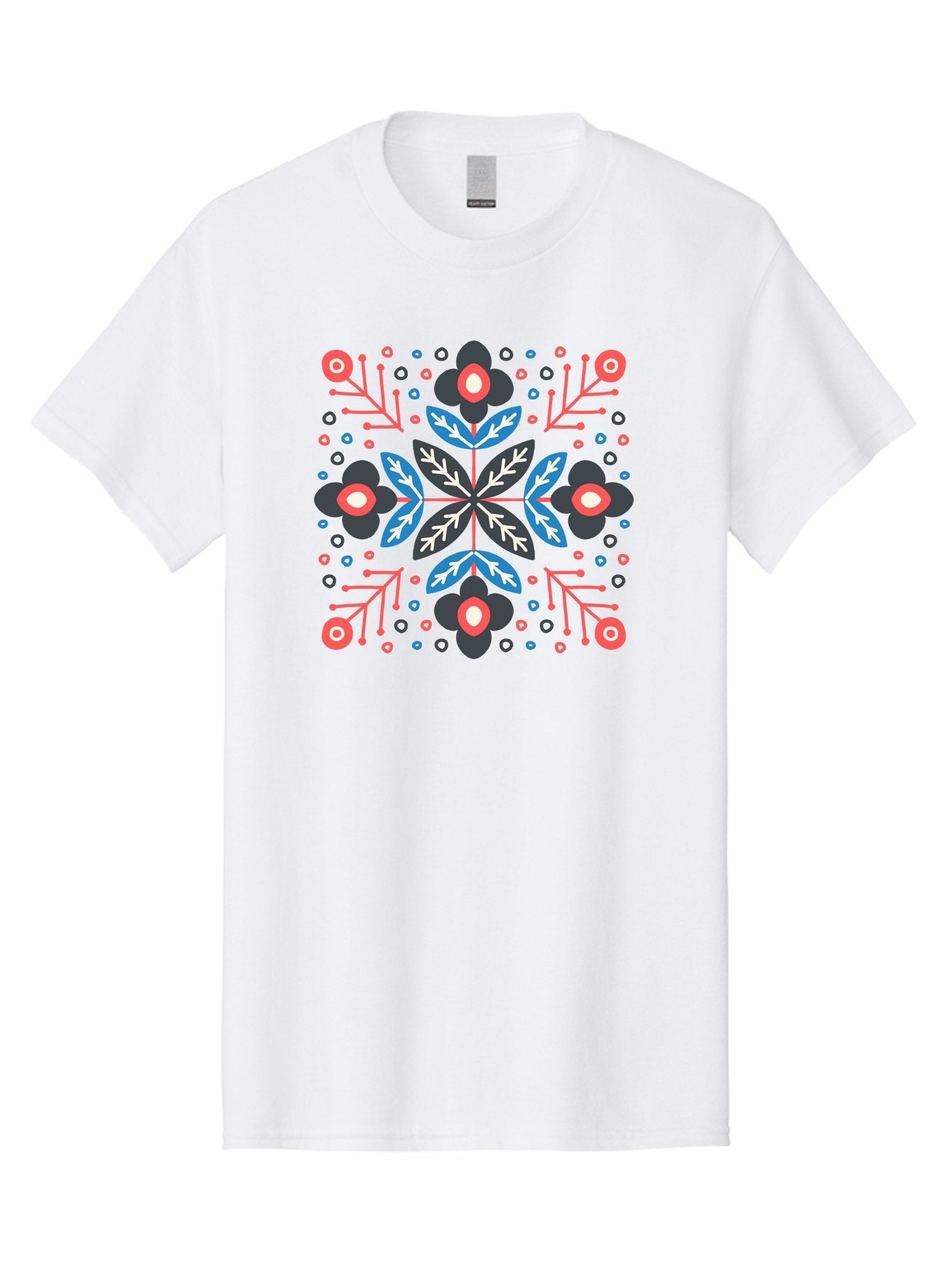 Symmetric-Floral-Pattern Men'S Graphic Tee, 100% Cotton, Comfortable Casual Summer Wear, Machine Washable, Floral Pattern, Geometric Shapes, Red Blue Black White, Abstract Design, Traditional Folk Art, Symmetry, Stylized Flowers, Aab798