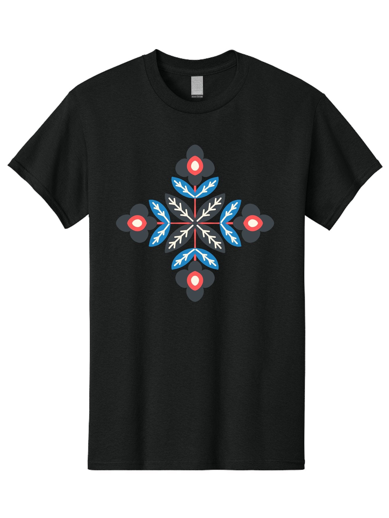 Symmetrical-Floral-Pattern-1 Men'S Graphic Tee, 100% Cotton, Comfortable Casual Summer Wear, Machine Washable, Symmetrical Floral Design, Graphic Illustration, Bold Colors, Geometric Shapes, Floral Motif, Abstract Art, Vibrant Pattern, Aab799 10