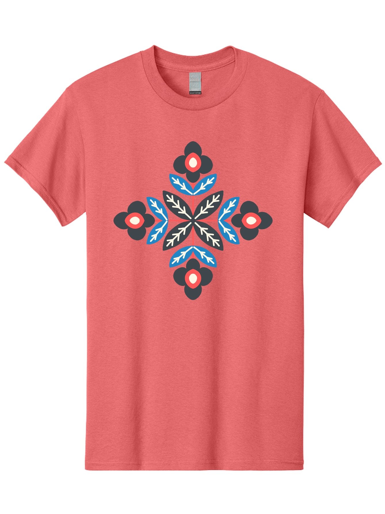 Symmetrical-Floral-Pattern-1 Men'S Graphic Tee, 100% Cotton, Comfortable Casual Summer Wear, Machine Washable, Symmetrical Floral Design, Graphic Illustration, Bold Colors, Geometric Shapes, Floral Motif, Abstract Art, Vibrant Pattern, Aab799 5