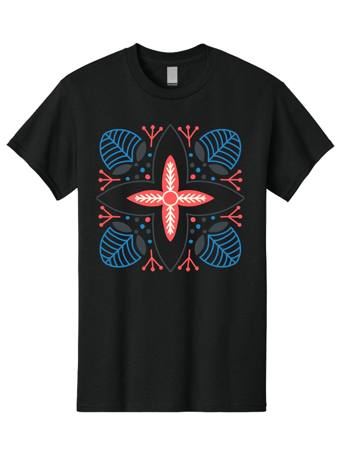 Symmetrical-Floral-Pattern Men'S Graphic Tee, 100% Cotton, Comfortable Casual Summer Wear, Machine Washable, Symmetrical Floral Design, Vibrant Red And Blue Hues, Stylized Leaves, Intricate Patterns, Geometric Shapes, Abstract Art, Aab800 8