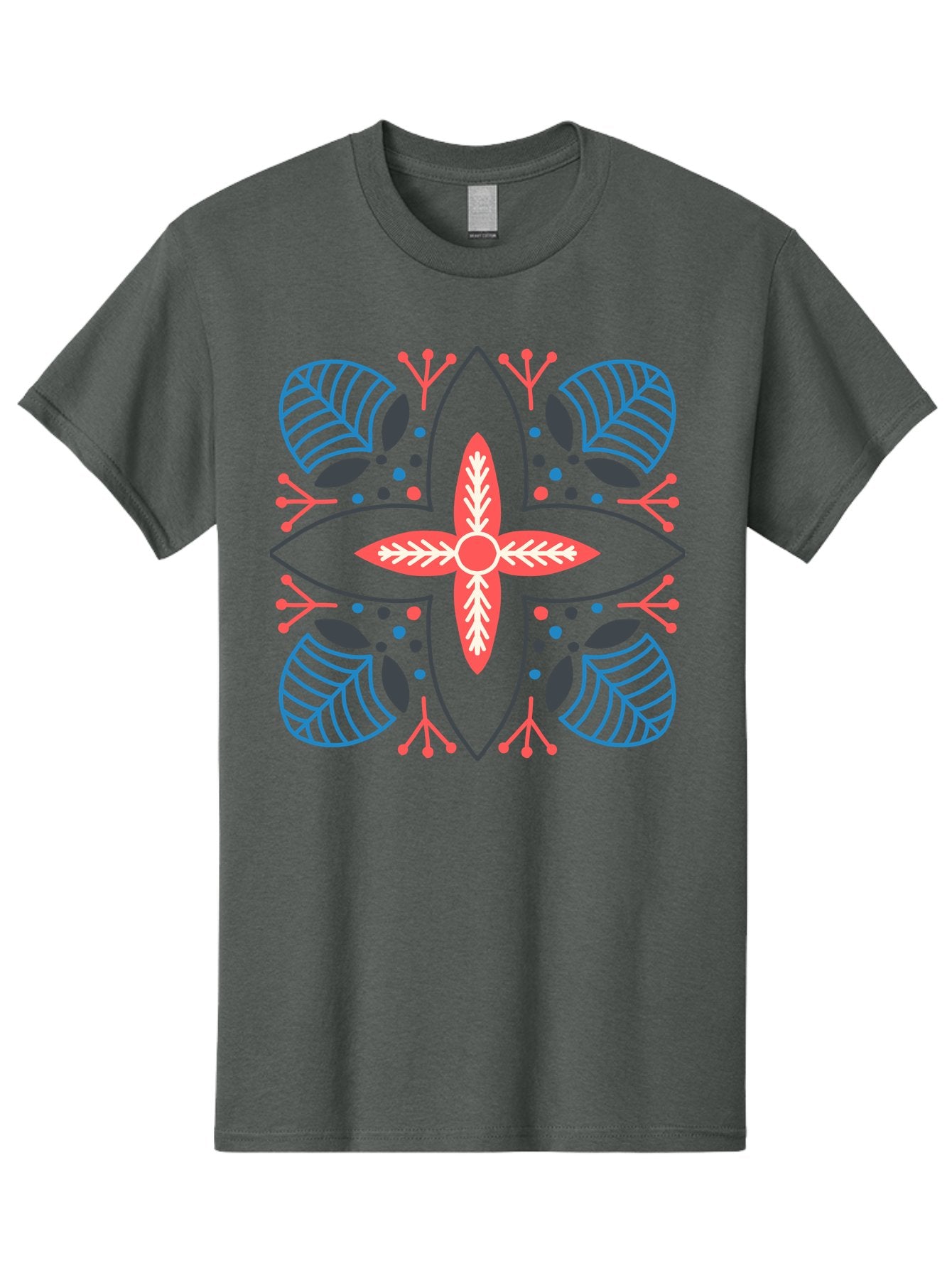 Symmetrical-Floral-Pattern Men'S Graphic Tee, 100% Cotton, Comfortable Casual Summer Wear, Machine Washable, Symmetrical Floral Design, Vibrant Red And Blue Hues, Stylized Leaves, Intricate Patterns, Geometric Shapes, Abstract Art, Aab800 6
