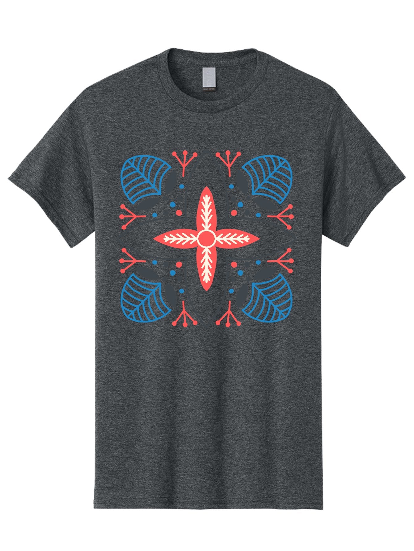 Symmetrical-Floral-Pattern Men'S Graphic Tee, 100% Cotton, Comfortable Casual Summer Wear, Machine Washable, Symmetrical Floral Design, Vibrant Red And Blue Hues, Stylized Leaves, Intricate Patterns, Geometric Shapes, Abstract Art, Aab800 14