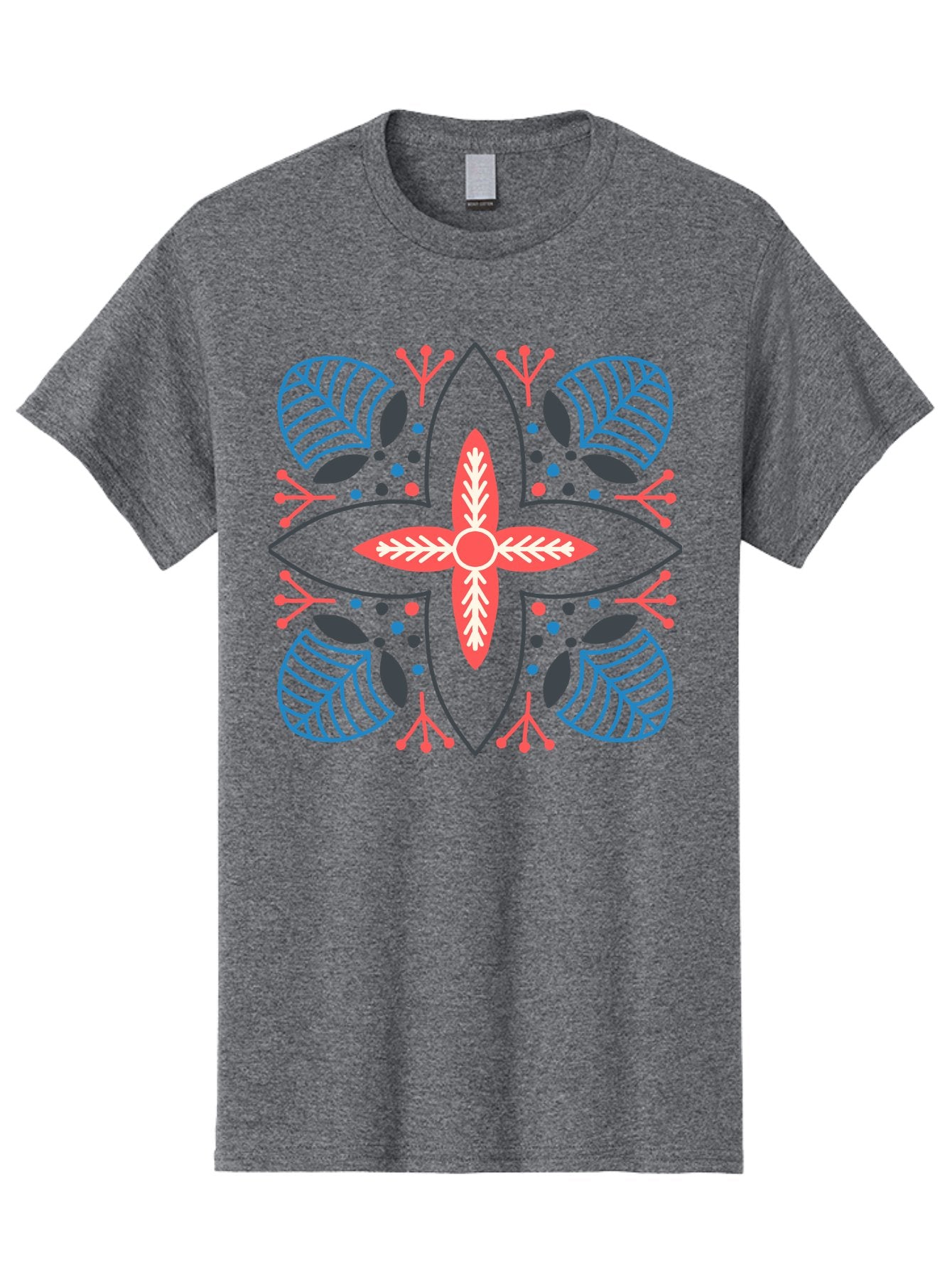 Symmetrical-Floral-Pattern Men'S Graphic Tee, 100% Cotton, Comfortable Casual Summer Wear, Machine Washable, Symmetrical Floral Design, Vibrant Red And Blue Hues, Stylized Leaves, Intricate Patterns, Geometric Shapes, Abstract Art, Aab800