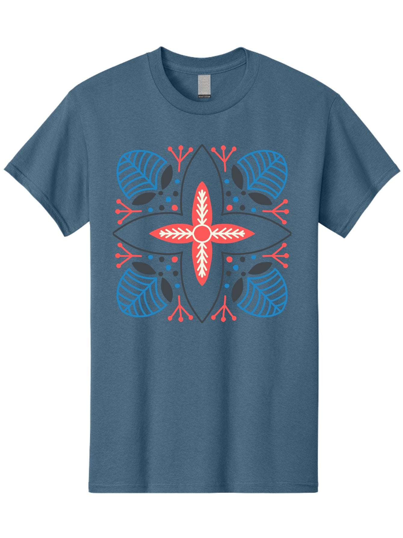 Symmetrical-Floral-Pattern Men'S Graphic Tee, 100% Cotton, Comfortable Casual Summer Wear, Machine Washable, Symmetrical Floral Design, Vibrant Red And Blue Hues, Stylized Leaves, Intricate Patterns, Geometric Shapes, Abstract Art, Aab800 15