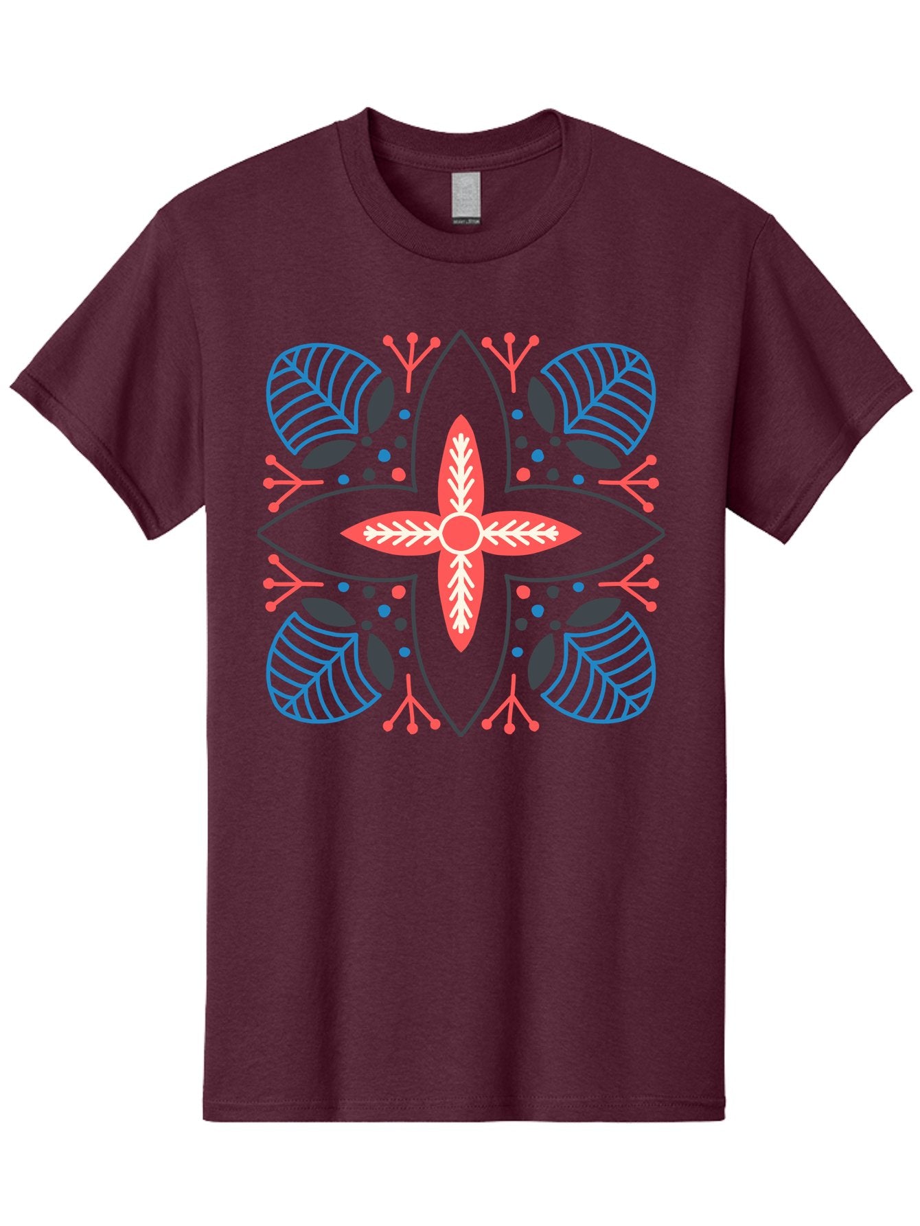 Symmetrical-Floral-Pattern Men'S Graphic Tee, 100% Cotton, Comfortable Casual Summer Wear, Machine Washable, Symmetrical Floral Design, Vibrant Red And Blue Hues, Stylized Leaves, Intricate Patterns, Geometric Shapes, Abstract Art, Aab800 11