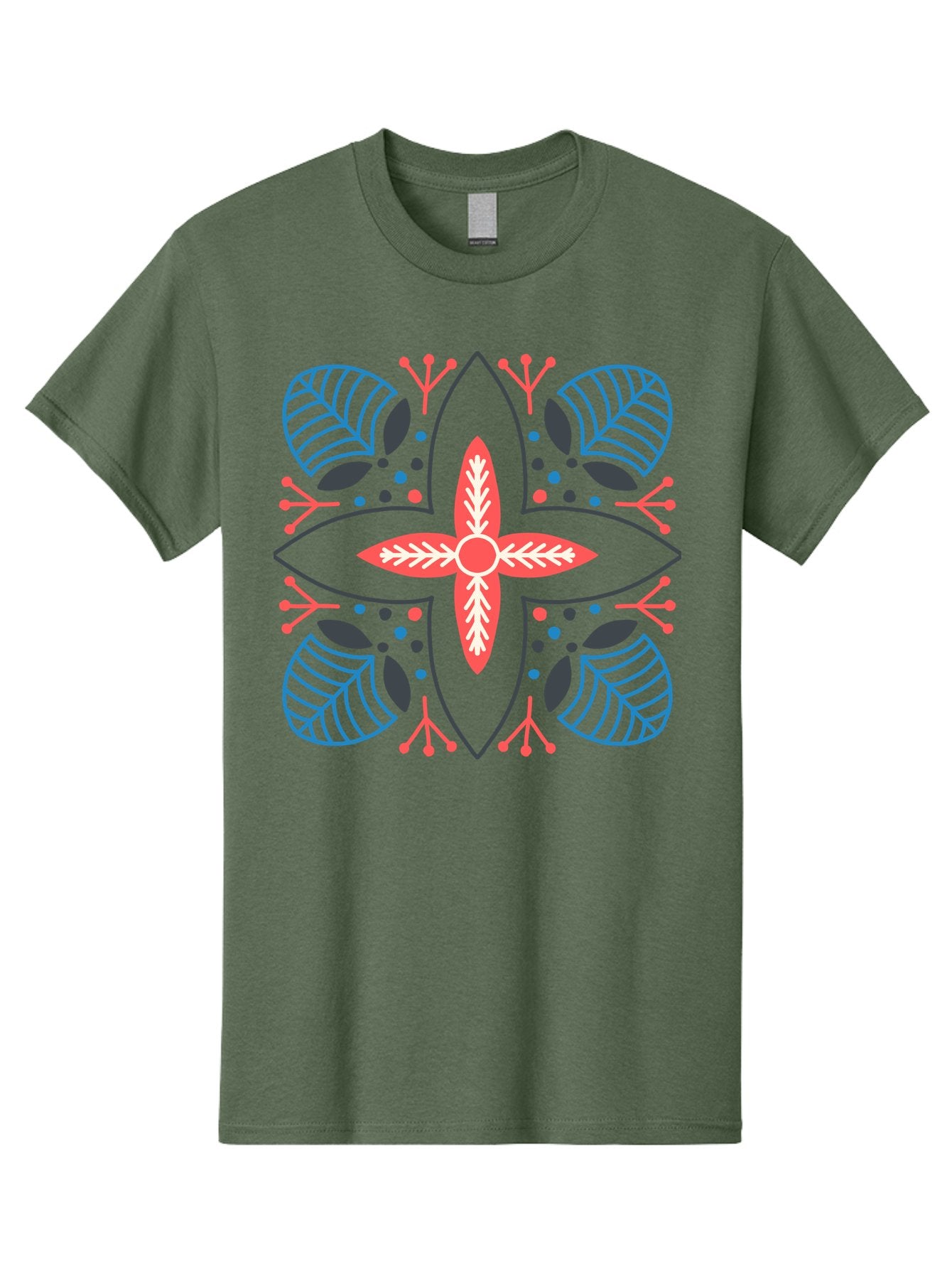 Symmetrical-Floral-Pattern Men'S Graphic Tee, 100% Cotton, Comfortable Casual Summer Wear, Machine Washable, Symmetrical Floral Design, Vibrant Red And Blue Hues, Stylized Leaves, Intricate Patterns, Geometric Shapes, Abstract Art, Aab800 4