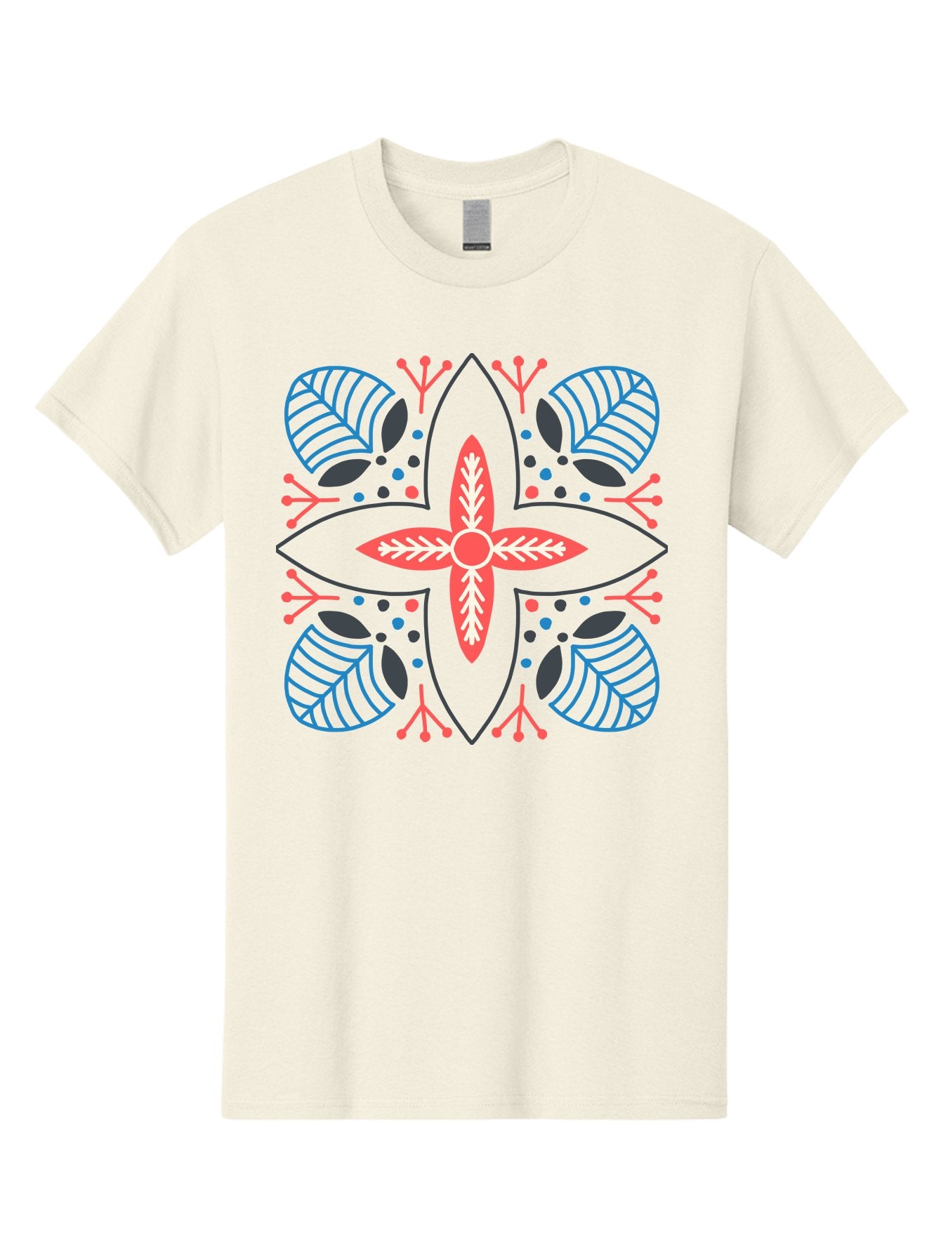 Symmetrical-Floral-Pattern Men'S Graphic Tee, 100% Cotton, Comfortable Casual Summer Wear, Machine Washable, Symmetrical Floral Design, Vibrant Red And Blue Hues, Stylized Leaves, Intricate Patterns, Geometric Shapes, Abstract Art, Aab800 10