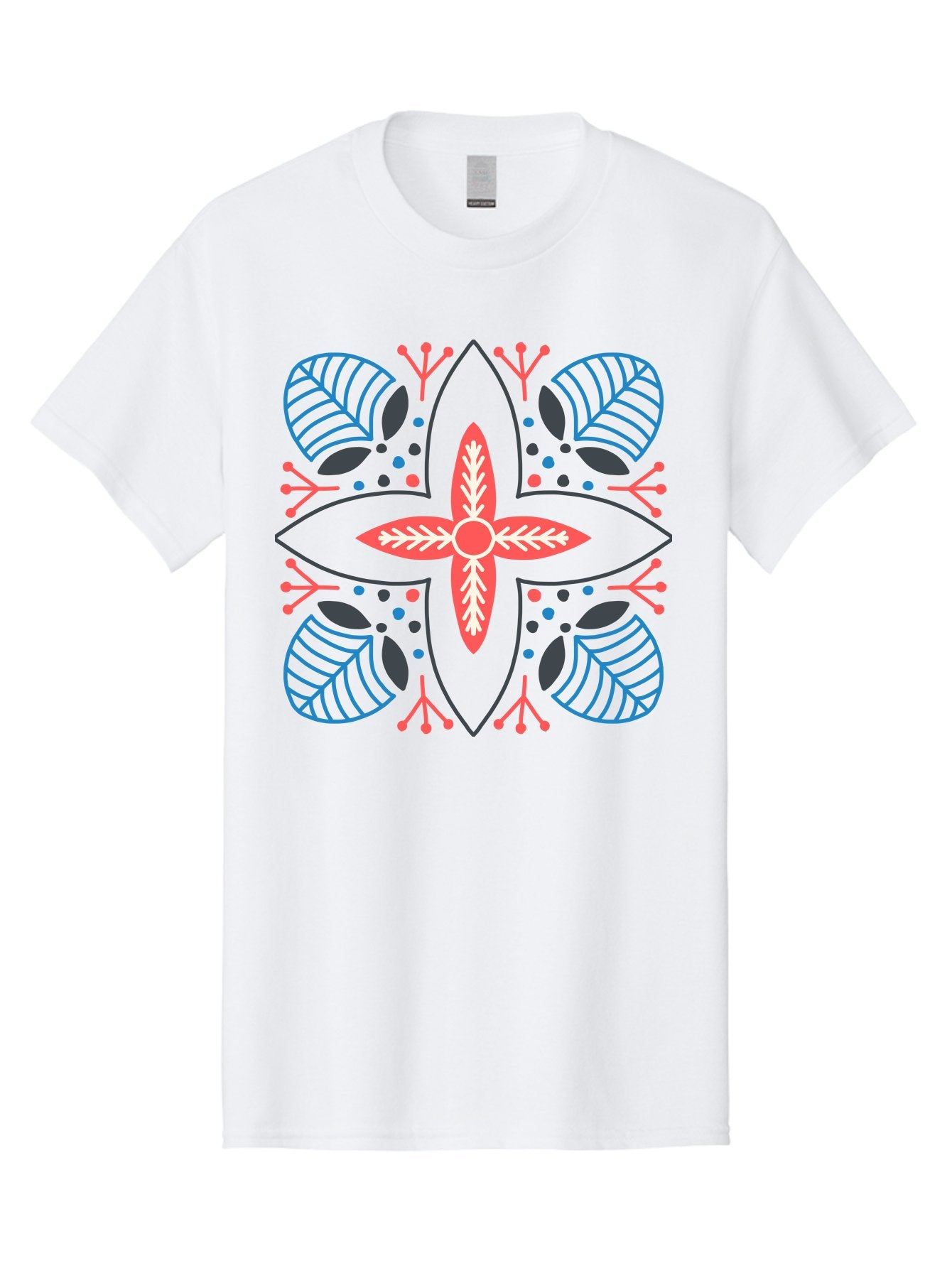 Symmetrical-Floral-Pattern Men'S Graphic Tee, 100% Cotton, Comfortable Casual Summer Wear, Machine Washable, Symmetrical Floral Design, Vibrant Red And Blue Hues, Stylized Leaves, Intricate Patterns, Geometric Shapes, Abstract Art, Aab800 9