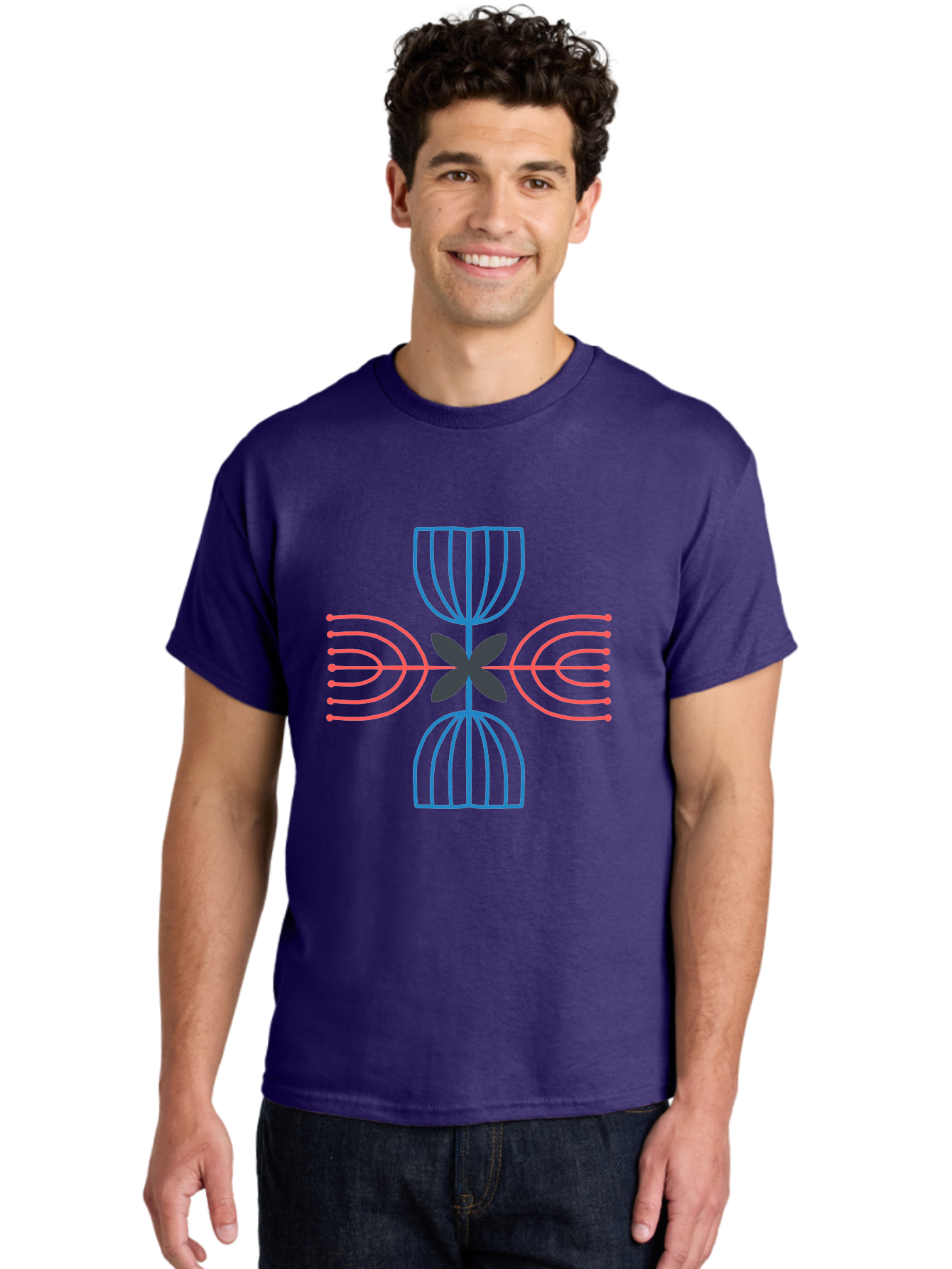 Symmetrical-Logo-Design Men'S Graphic Tee, 100% Cotton, Comfortable Casual Summer Wear, Machine Washable, Symmetrical Design, Geometric Shapes, Abstract Art, Floral Motif, Pink And Blue Lines, Black Flower, Modern Graphics, Aab801 16