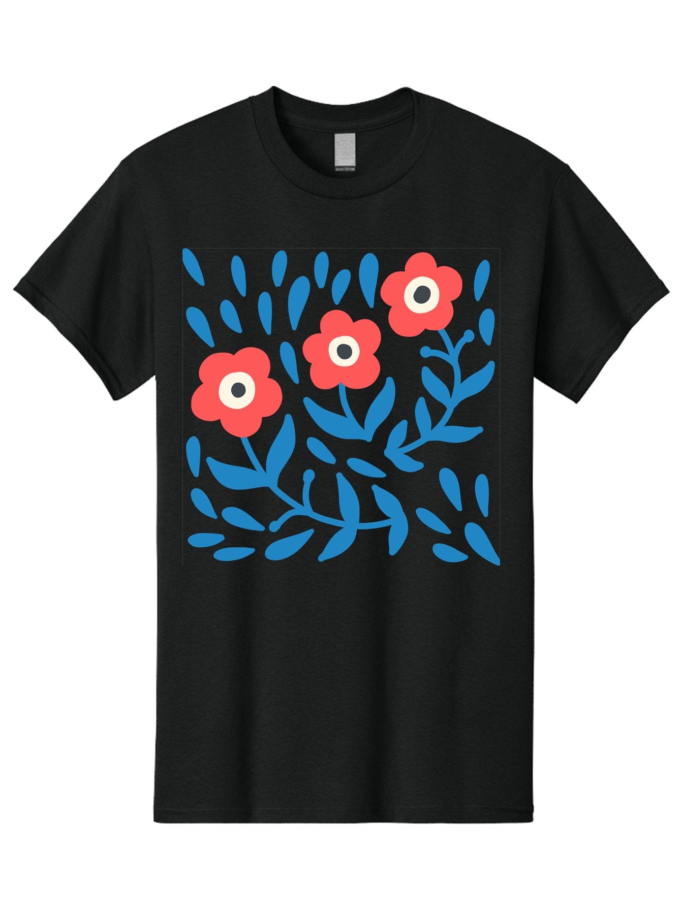 Three-Red-Flowers-1 Men'S Graphic Tee, 100% Cotton, Comfortable Casual Summer Wear, Machine Washable, Red Flowers, Blue Leaves, Floral Pattern, Abstract Design, Vibrant Colors, Whimsical Art, Playful Graphics, Folk Art Style Aab803 15