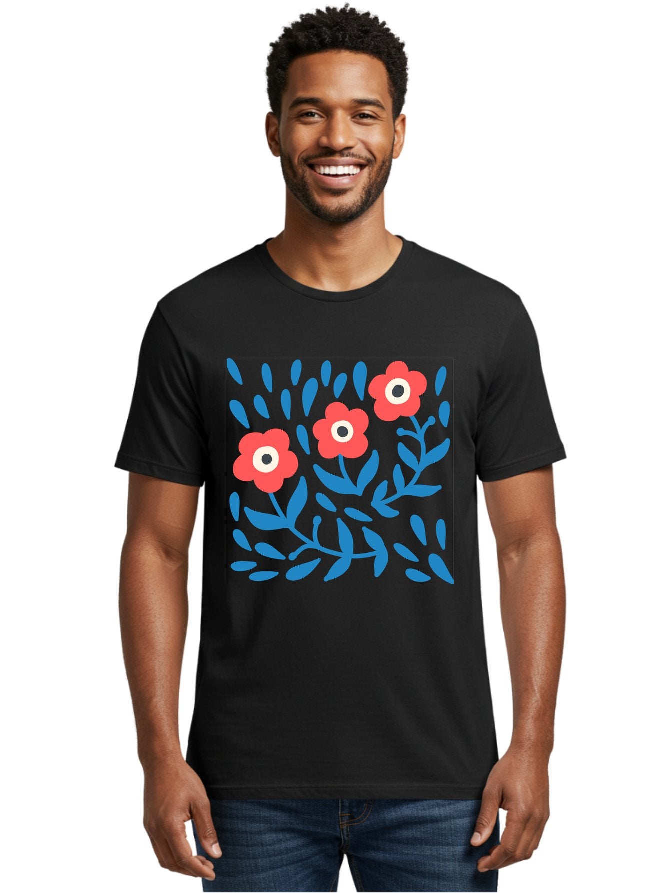 Three-Red-Flowers-1 Men'S Graphic Tee, 100% Cotton, Comfortable Casual Summer Wear, Machine Washable, Red Flowers, Blue Leaves, Floral Pattern, Abstract Design, Vibrant Colors, Whimsical Art, Playful Graphics, Folk Art Style Aab803 30