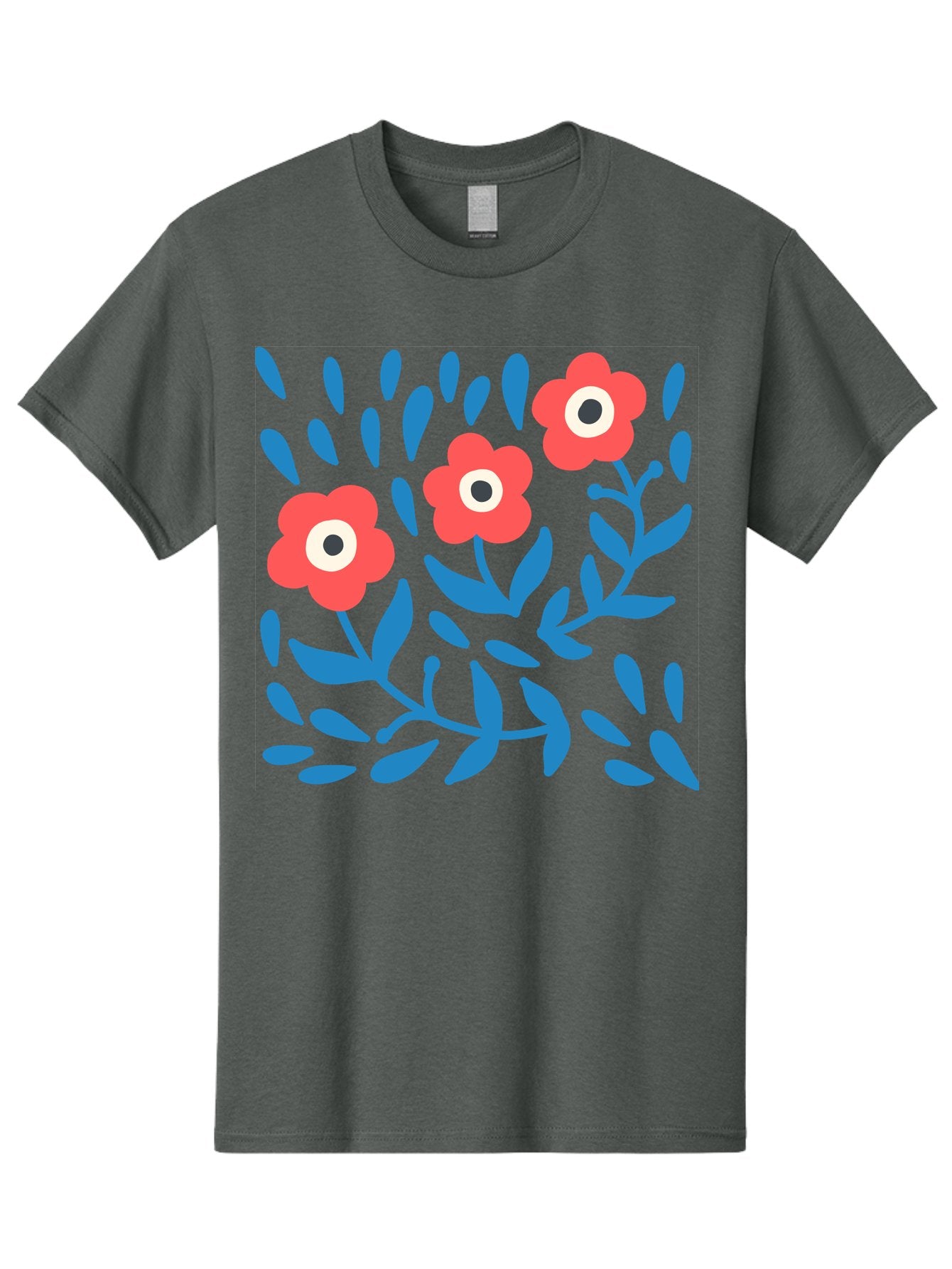 Three-Red-Flowers-1 Men'S Graphic Tee, 100% Cotton, Comfortable Casual Summer Wear, Machine Washable, Red Flowers, Blue Leaves, Floral Pattern, Abstract Design, Vibrant Colors, Whimsical Art, Playful Graphics, Folk Art Style Aab803