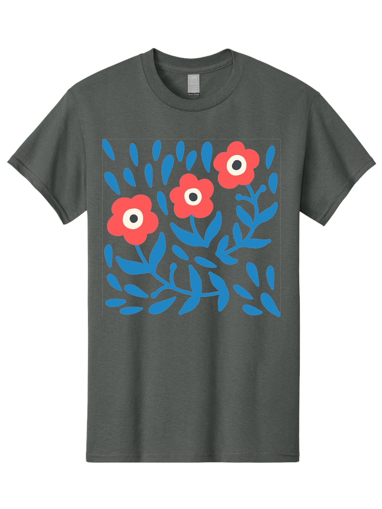 Three-Red-Flowers-1 Men'S Graphic Tee, 100% Cotton, Comfortable Casual Summer Wear, Machine Washable, Red Flowers, Blue Leaves, Floral Pattern, Abstract Design, Vibrant Colors, Whimsical Art, Playful Graphics, Folk Art Style Aab803 21