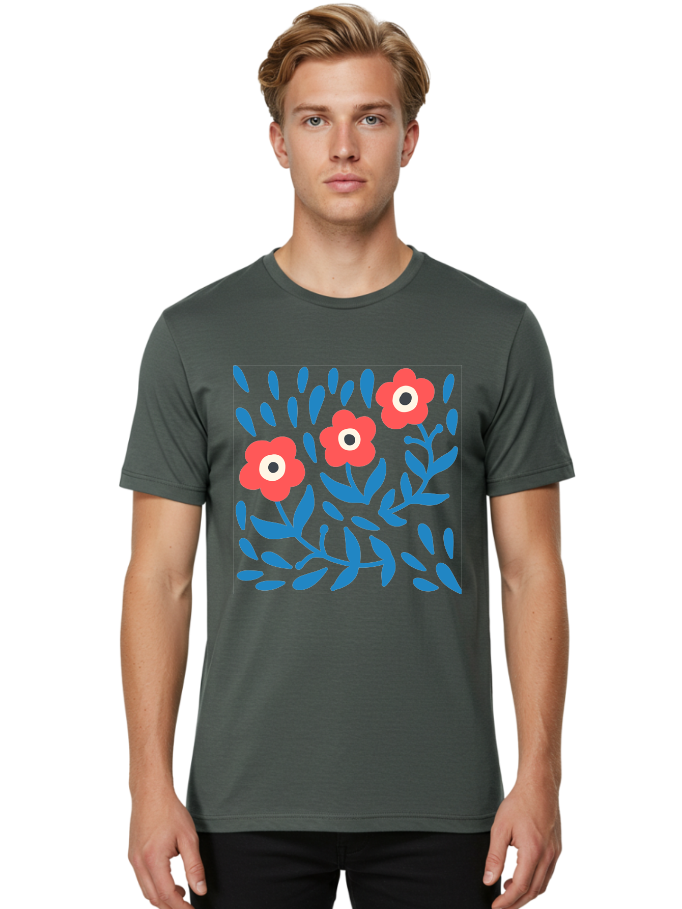 Three-Red-Flowers-1 Men'S Graphic Tee, 100% Cotton, Comfortable Casual Summer Wear, Machine Washable, Red Flowers, Blue Leaves, Floral Pattern, Abstract Design, Vibrant Colors, Whimsical Art, Playful Graphics, Folk Art Style Aab803 22