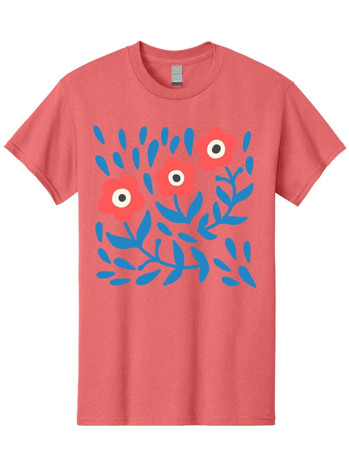 Three-Red-Flowers-1 Men'S Graphic Tee, 100% Cotton, Comfortable Casual Summer Wear, Machine Washable, Red Flowers, Blue Leaves, Floral Pattern, Abstract Design, Vibrant Colors, Whimsical Art, Playful Graphics, Folk Art Style Aab803 8