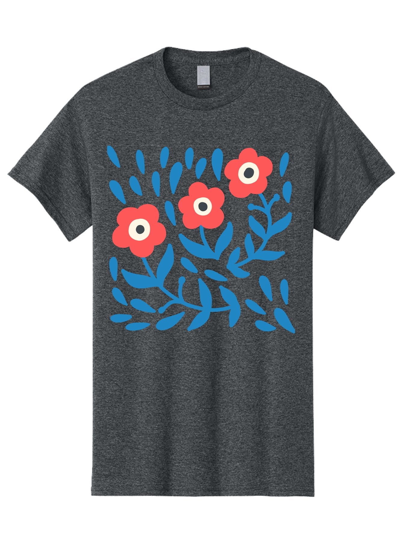 Three-Red-Flowers-1 Men'S Graphic Tee, 100% Cotton, Comfortable Casual Summer Wear, Machine Washable, Red Flowers, Blue Leaves, Floral Pattern, Abstract Design, Vibrant Colors, Whimsical Art, Playful Graphics, Folk Art Style Aab803 4