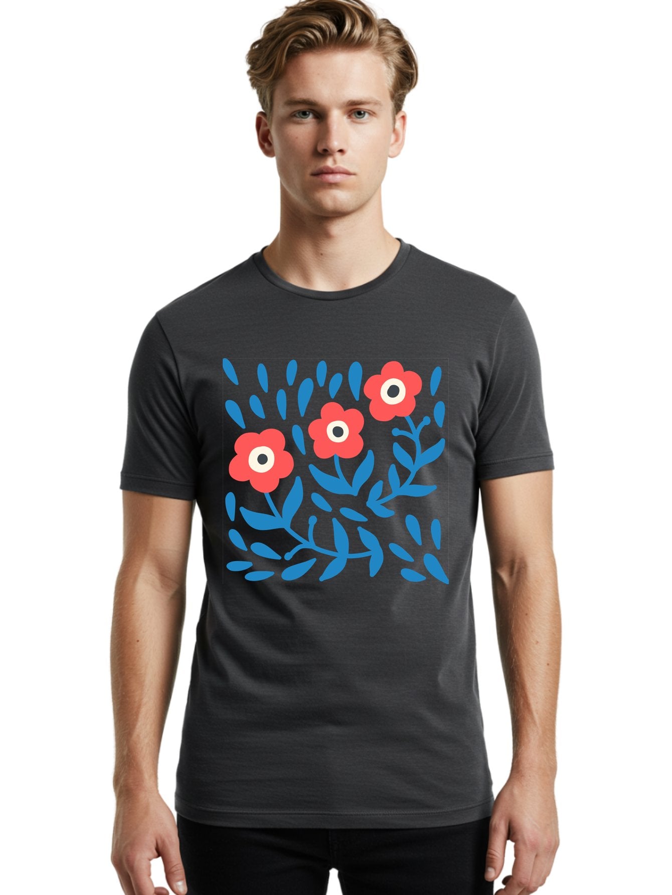 Three-Red-Flowers-1 Men'S Graphic Tee, 100% Cotton, Comfortable Casual Summer Wear, Machine Washable, Red Flowers, Blue Leaves, Floral Pattern, Abstract Design, Vibrant Colors, Whimsical Art, Playful Graphics, Folk Art Style Aab803 18