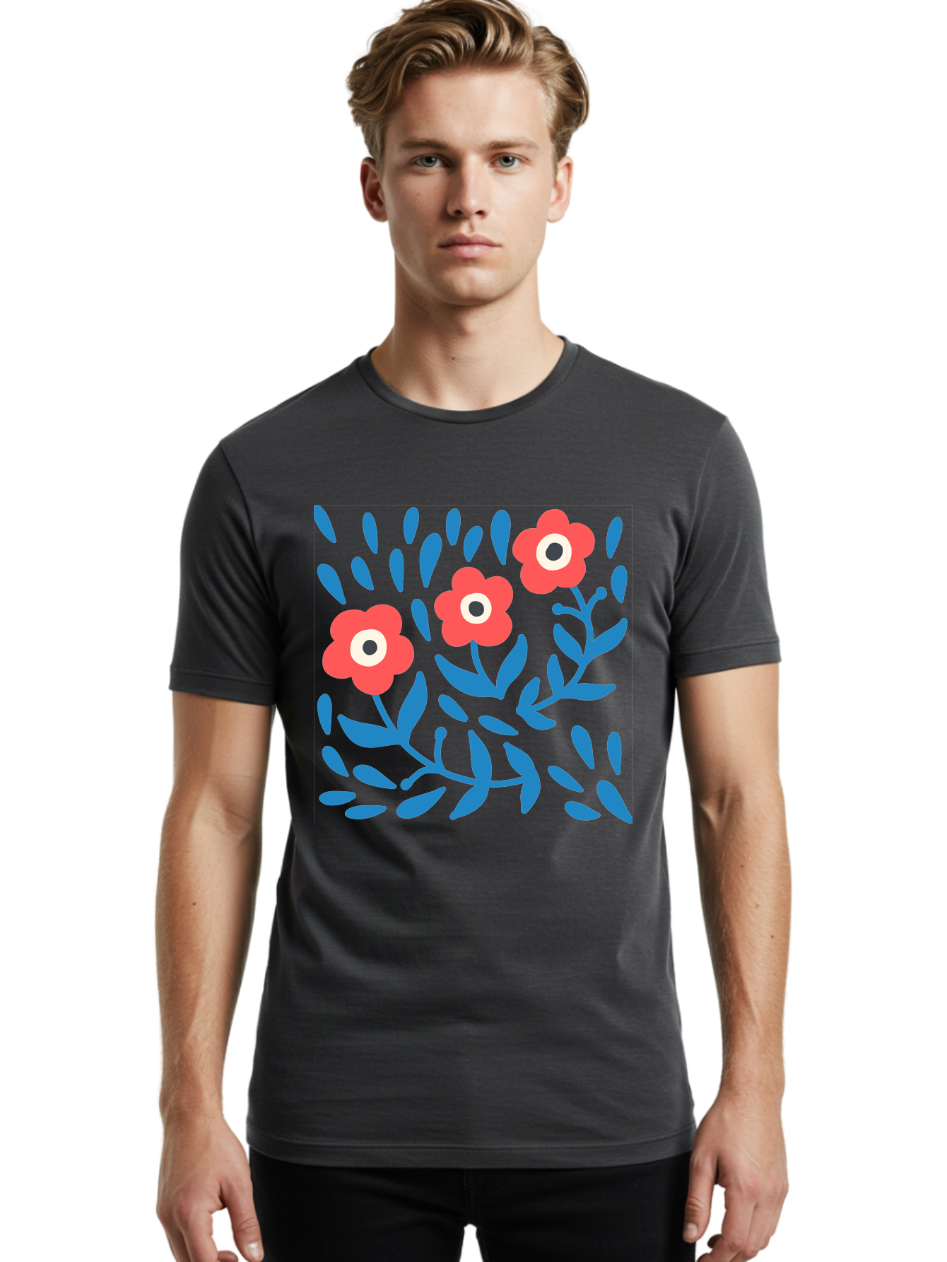 Three-Red-Flowers-1 Men'S Graphic Tee, 100% Cotton, Comfortable Casual Summer Wear, Machine Washable, Red Flowers, Blue Leaves, Floral Pattern, Abstract Design, Vibrant Colors, Whimsical Art, Playful Graphics, Folk Art Style Aab803 24