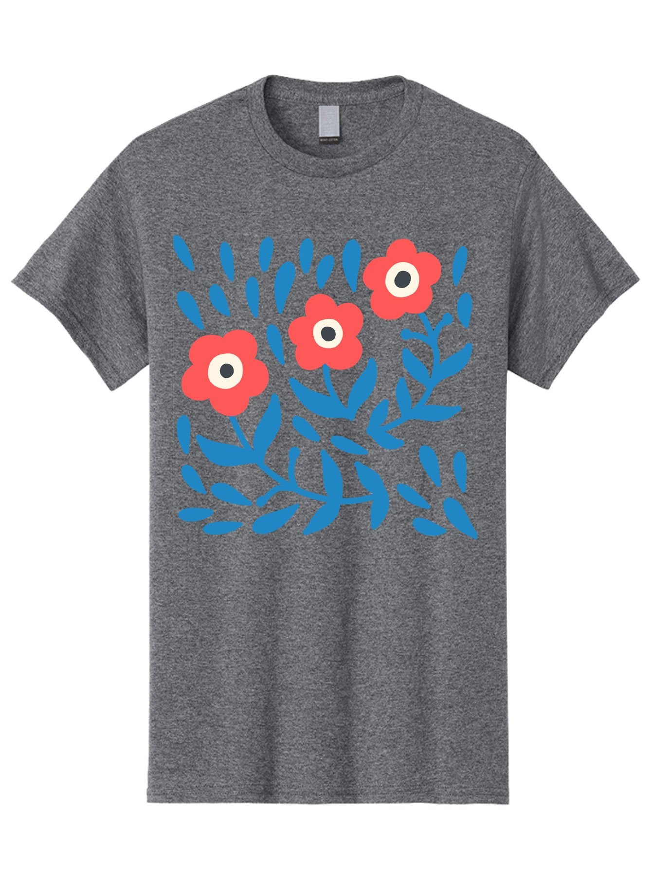 Three-Red-Flowers-1 Men'S Graphic Tee, 100% Cotton, Comfortable Casual Summer Wear, Machine Washable, Red Flowers, Blue Leaves, Floral Pattern, Abstract Design, Vibrant Colors, Whimsical Art, Playful Graphics, Folk Art Style Aab803 10