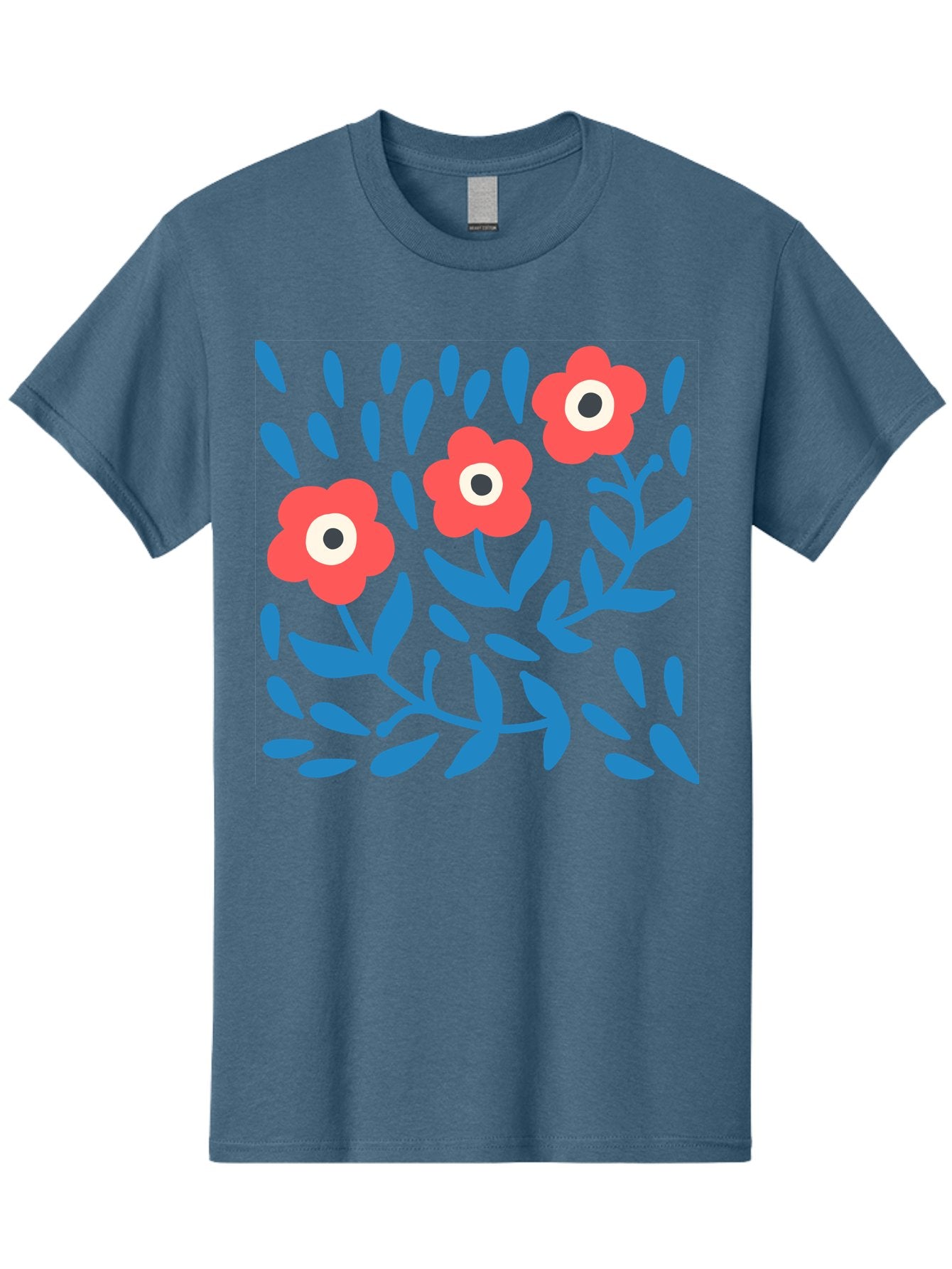 Three-Red-Flowers-1 Men'S Graphic Tee, 100% Cotton, Comfortable Casual Summer Wear, Machine Washable, Red Flowers, Blue Leaves, Floral Pattern, Abstract Design, Vibrant Colors, Whimsical Art, Playful Graphics, Folk Art Style Aab803 7