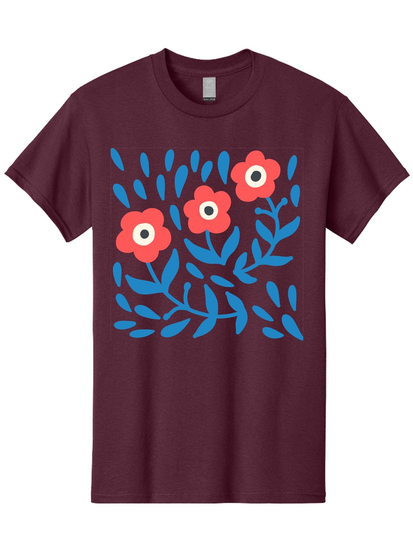 Three-Red-Flowers-1 Men'S Graphic Tee, 100% Cotton, Comfortable Casual Summer Wear, Machine Washable, Red Flowers, Blue Leaves, Floral Pattern, Abstract Design, Vibrant Colors, Whimsical Art, Playful Graphics, Folk Art Style Aab803 6