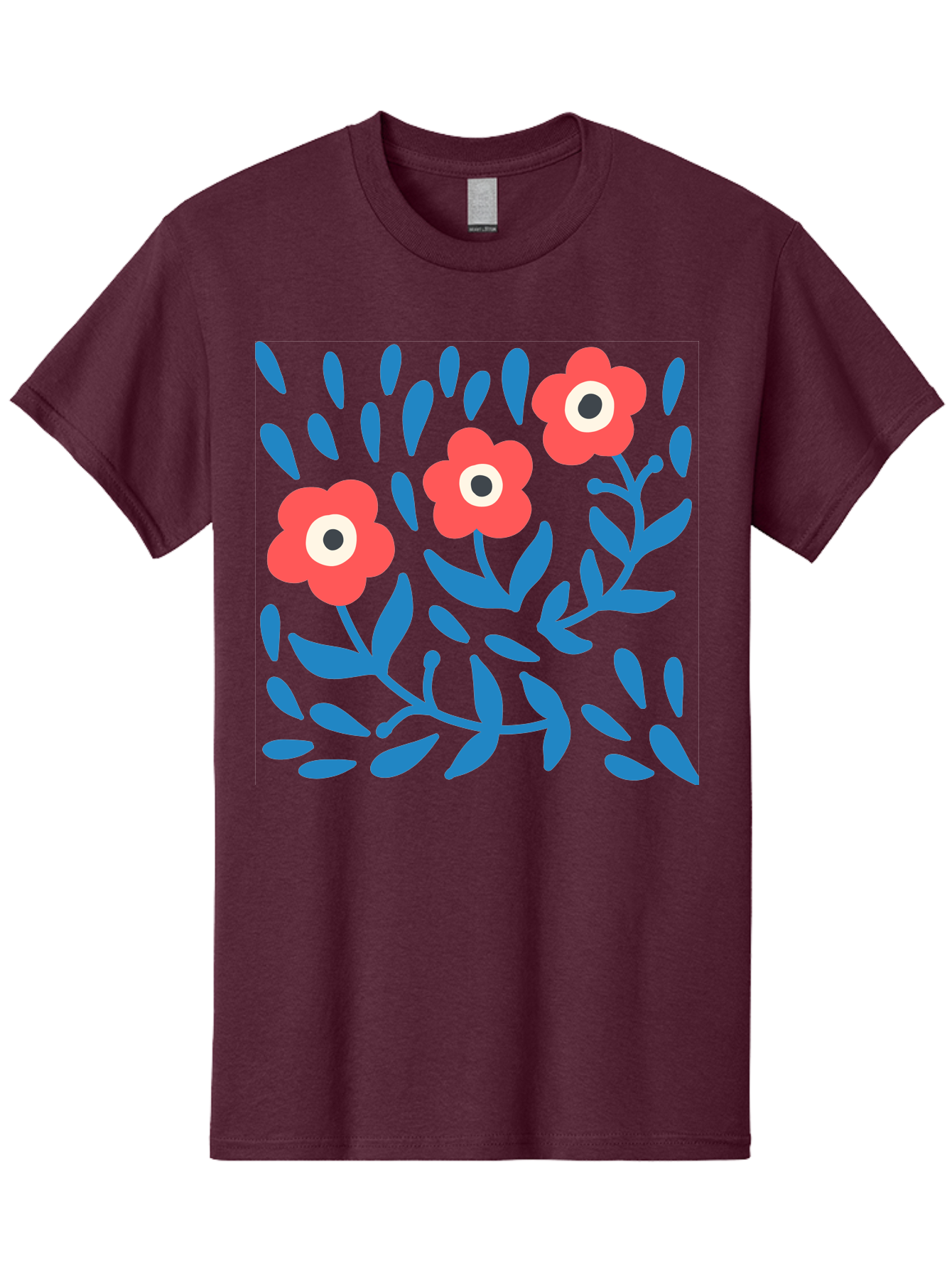 Three-Red-Flowers-1 Men'S Graphic Tee, 100% Cotton, Comfortable Casual Summer Wear, Machine Washable, Red Flowers, Blue Leaves, Floral Pattern, Abstract Design, Vibrant Colors, Whimsical Art, Playful Graphics, Folk Art Style Aab803 13
