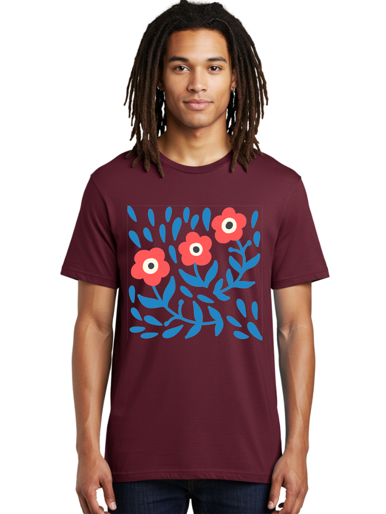 Three-Red-Flowers-1 Men'S Graphic Tee, 100% Cotton, Comfortable Casual Summer Wear, Machine Washable, Red Flowers, Blue Leaves, Floral Pattern, Abstract Design, Vibrant Colors, Whimsical Art, Playful Graphics, Folk Art Style Aab803 14