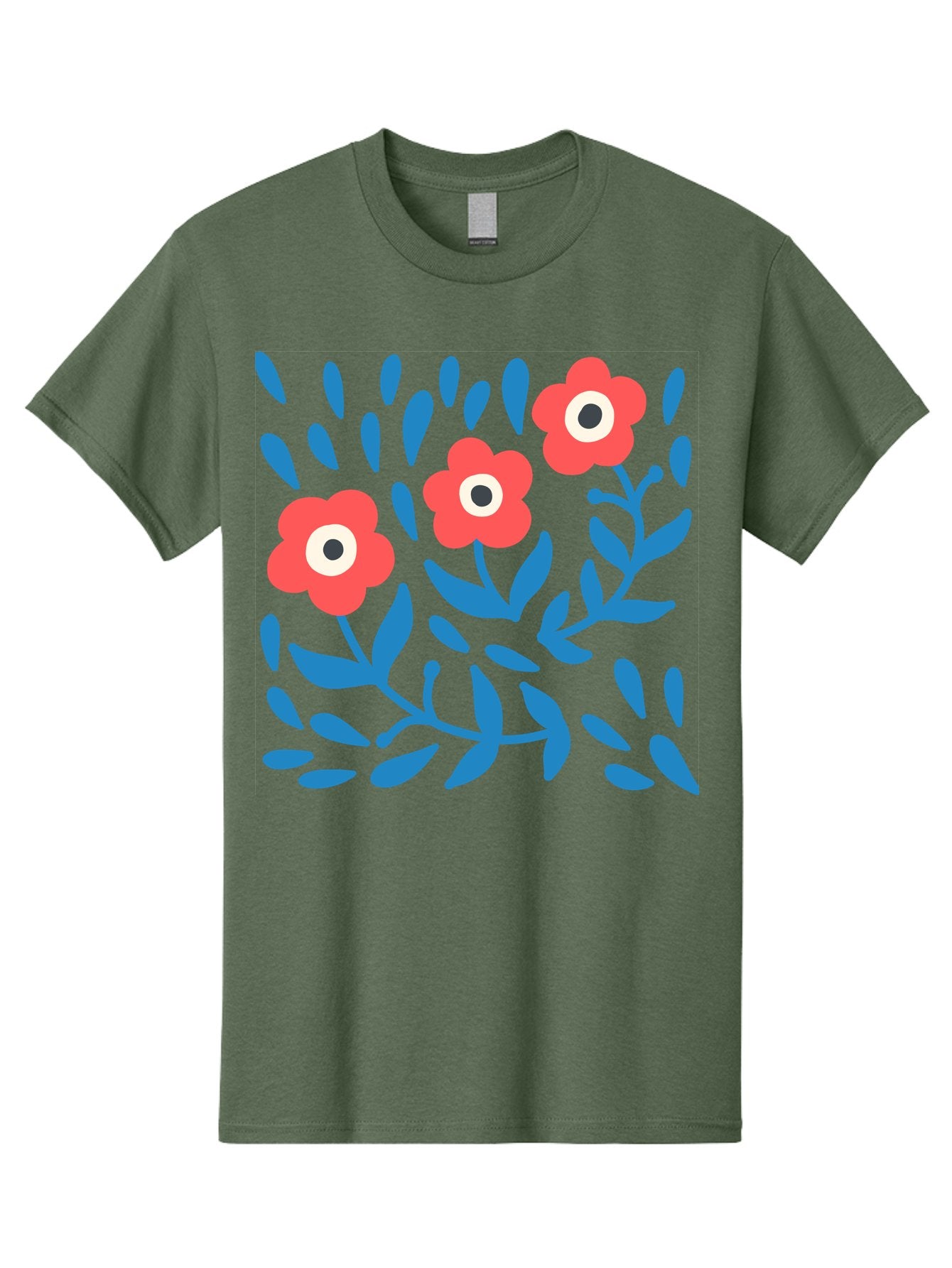 Three-Red-Flowers-1 Men'S Graphic Tee, 100% Cotton, Comfortable Casual Summer Wear, Machine Washable, Red Flowers, Blue Leaves, Floral Pattern, Abstract Design, Vibrant Colors, Whimsical Art, Playful Graphics, Folk Art Style Aab803 14