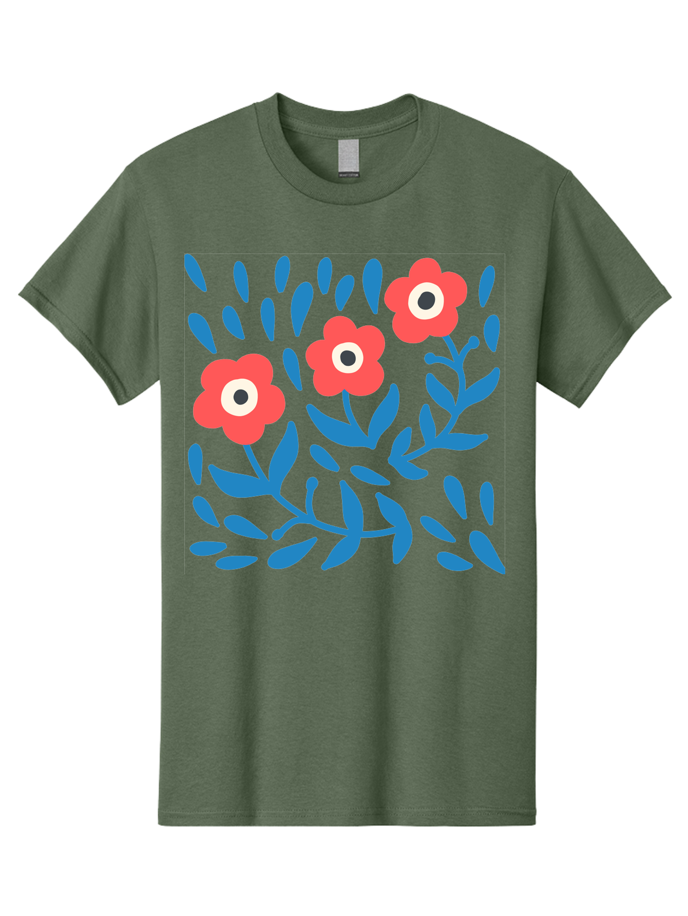 Three-Red-Flowers-1 Men'S Graphic Tee, 100% Cotton, Comfortable Casual Summer Wear, Machine Washable, Red Flowers, Blue Leaves, Floral Pattern, Abstract Design, Vibrant Colors, Whimsical Art, Playful Graphics, Folk Art Style Aab803 3