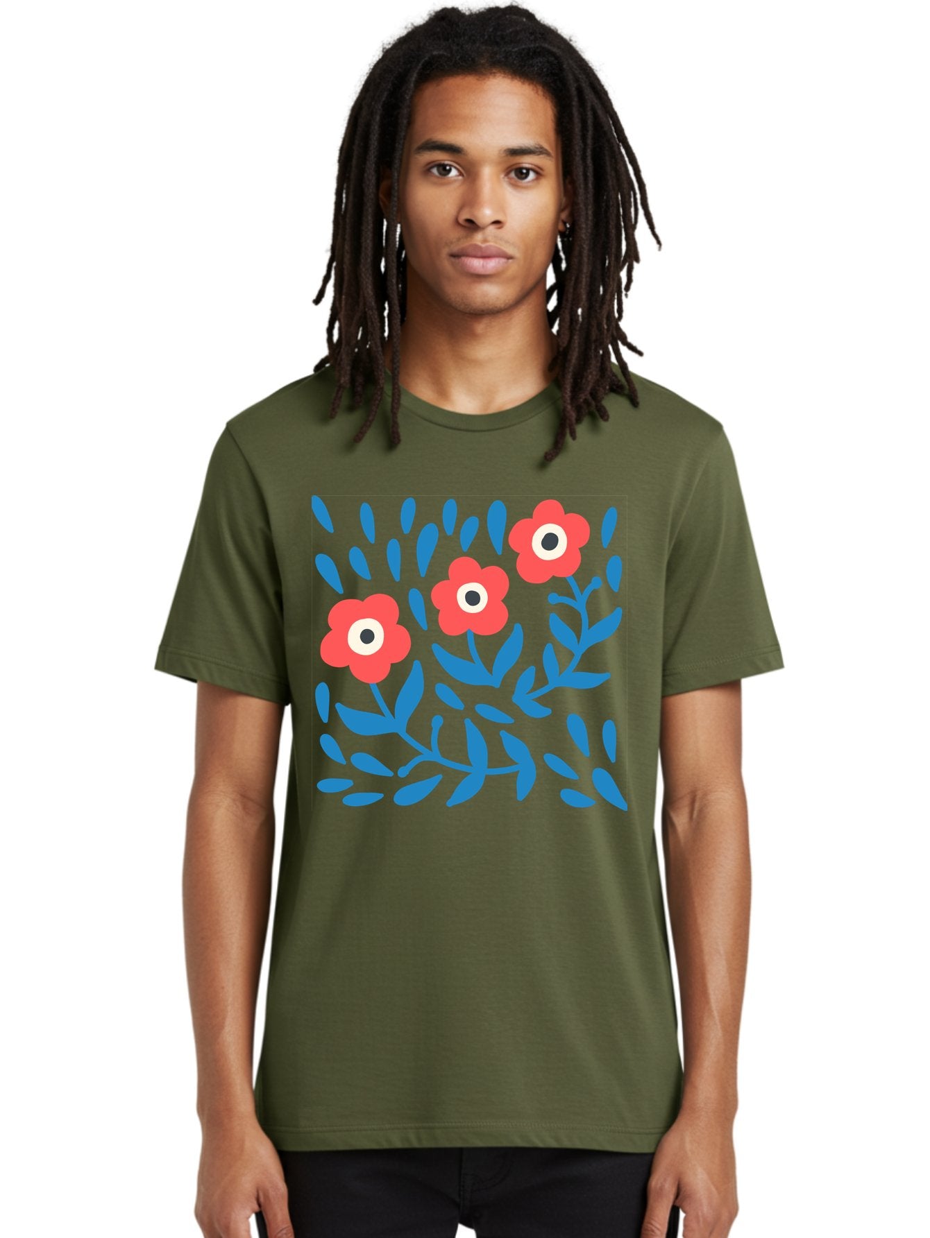 Three-Red-Flowers-1 Men'S Graphic Tee, 100% Cotton, Comfortable Casual Summer Wear, Machine Washable, Red Flowers, Blue Leaves, Floral Pattern, Abstract Design, Vibrant Colors, Whimsical Art, Playful Graphics, Folk Art Style Aab803 29