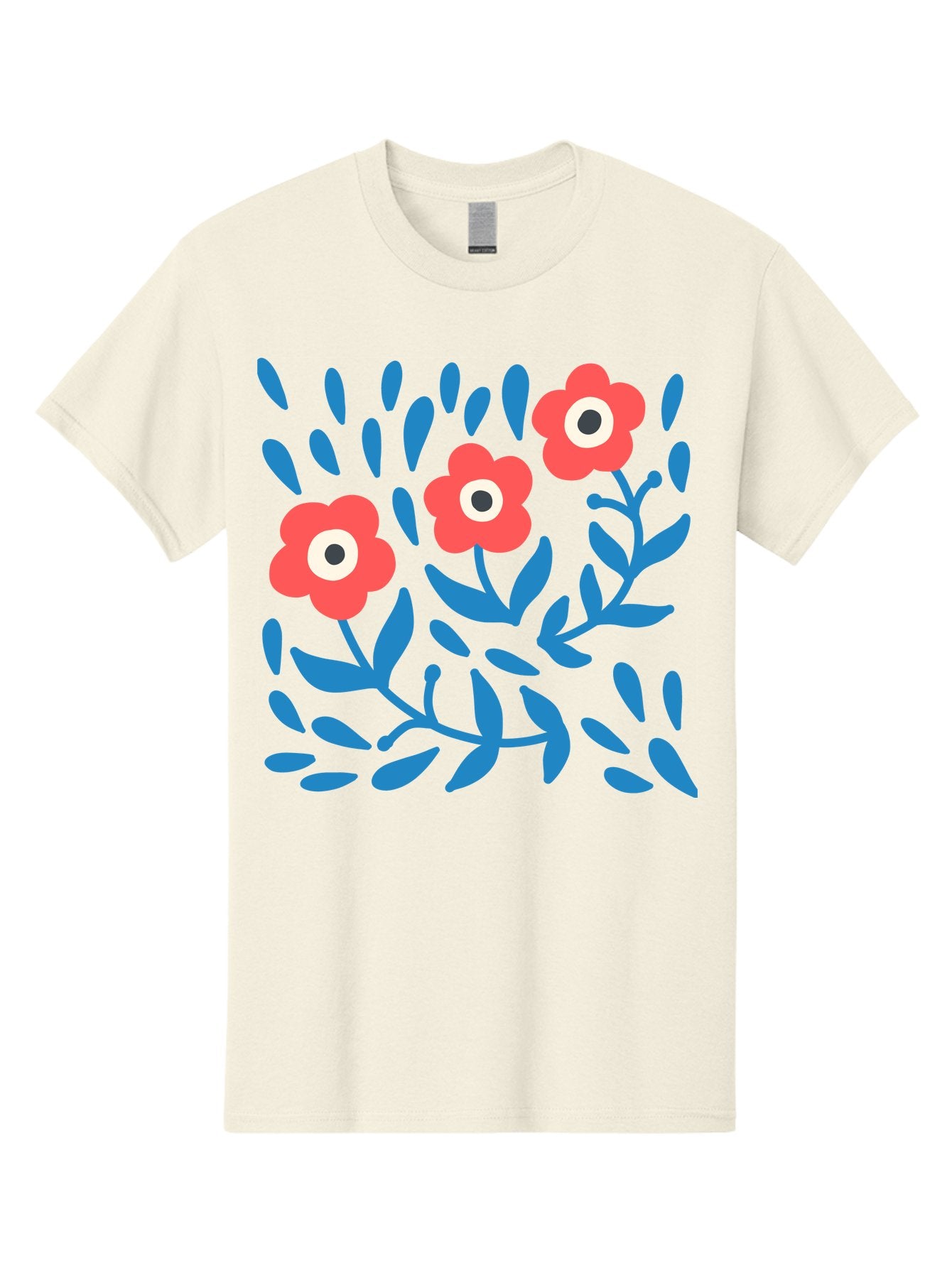Three-Red-Flowers-1 Men'S Graphic Tee, 100% Cotton, Comfortable Casual Summer Wear, Machine Washable, Red Flowers, Blue Leaves, Floral Pattern, Abstract Design, Vibrant Colors, Whimsical Art, Playful Graphics, Folk Art Style Aab803 12