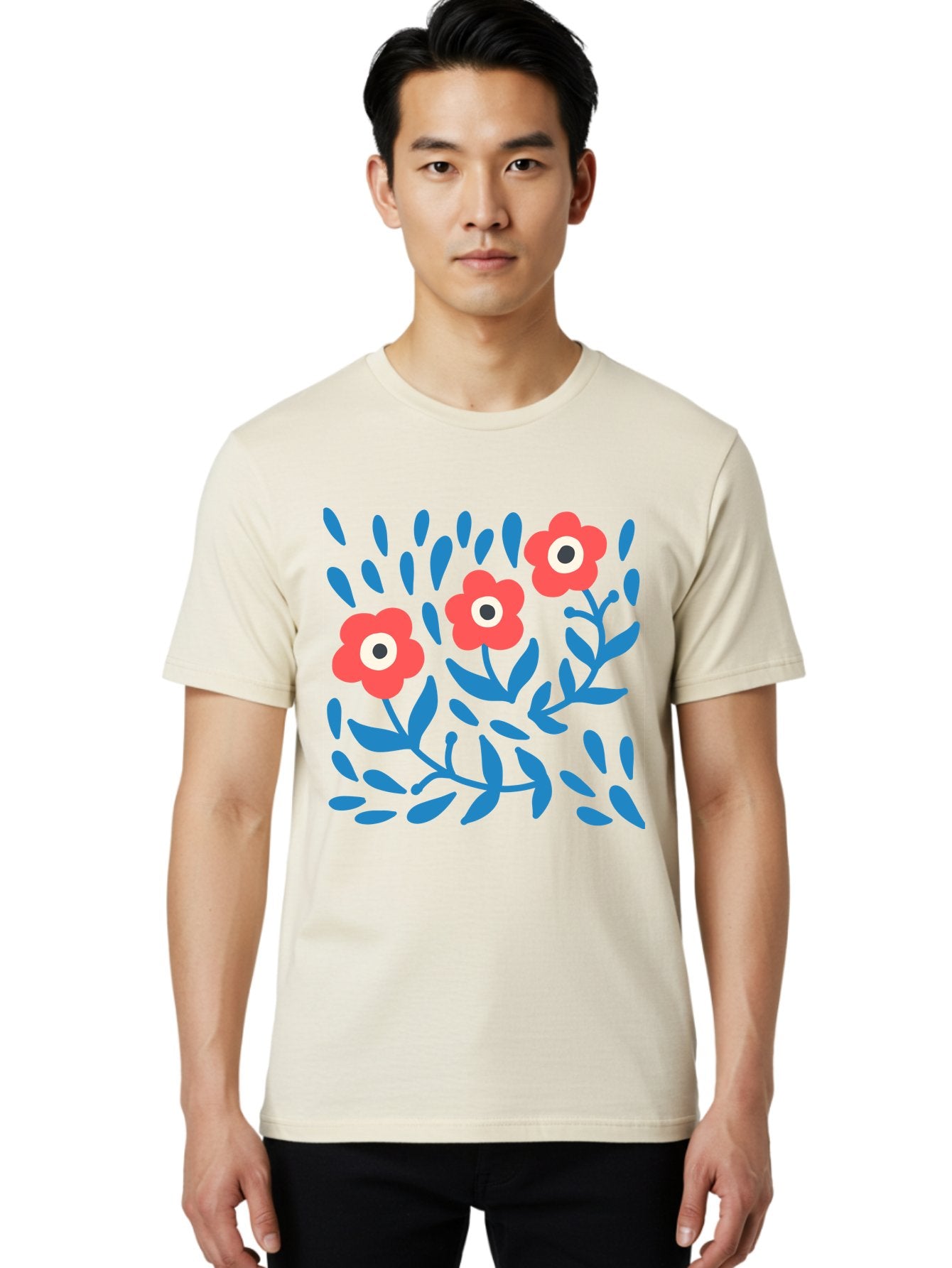 Three-Red-Flowers-1 Men'S Graphic Tee, 100% Cotton, Comfortable Casual Summer Wear, Machine Washable, Red Flowers, Blue Leaves, Floral Pattern, Abstract Design, Vibrant Colors, Whimsical Art, Playful Graphics, Folk Art Style Aab803 28