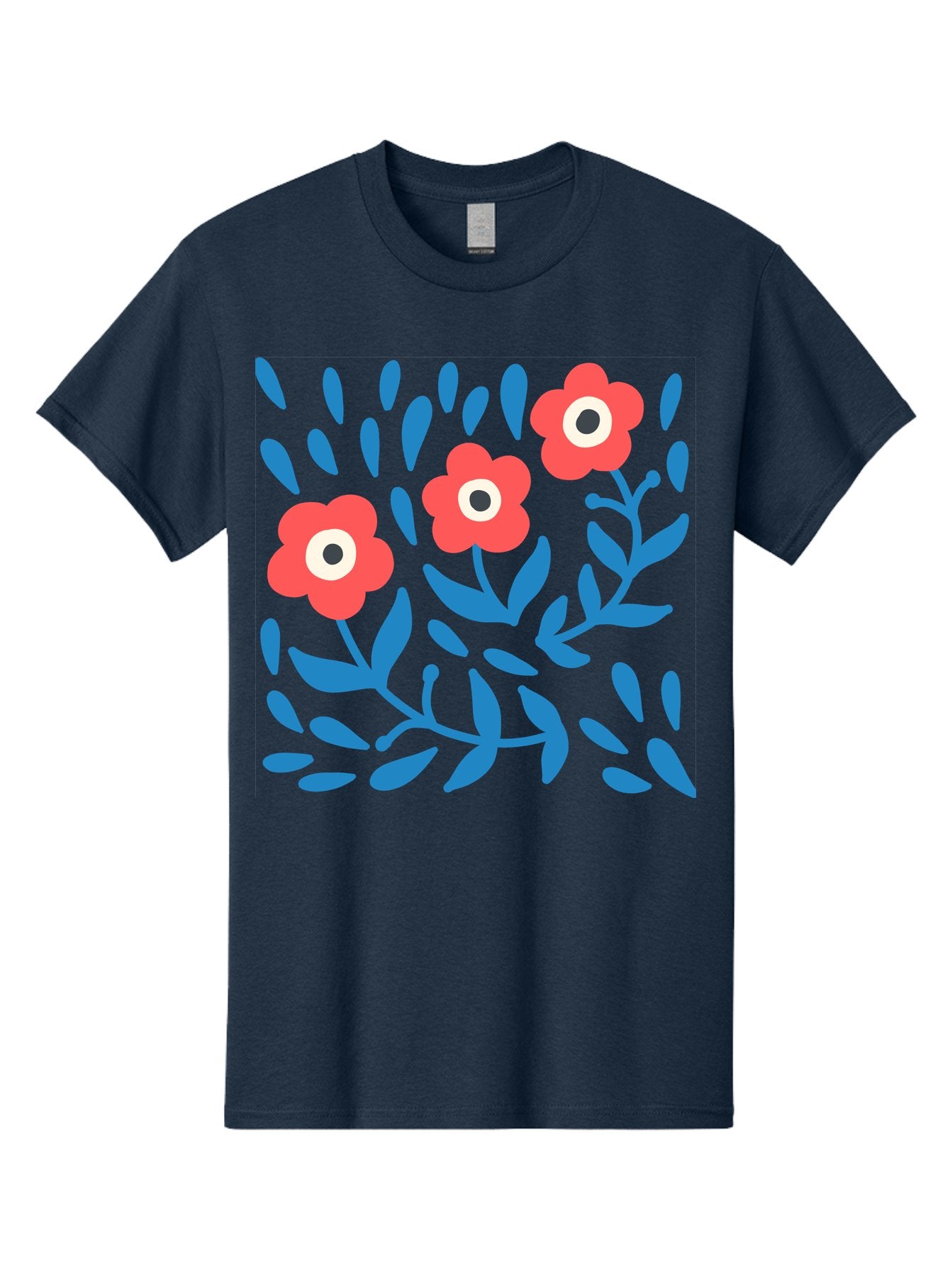 Three-Red-Flowers-1 Men'S Graphic Tee, 100% Cotton, Comfortable Casual Summer Wear, Machine Washable, Red Flowers, Blue Leaves, Floral Pattern, Abstract Design, Vibrant Colors, Whimsical Art, Playful Graphics, Folk Art Style Aab803